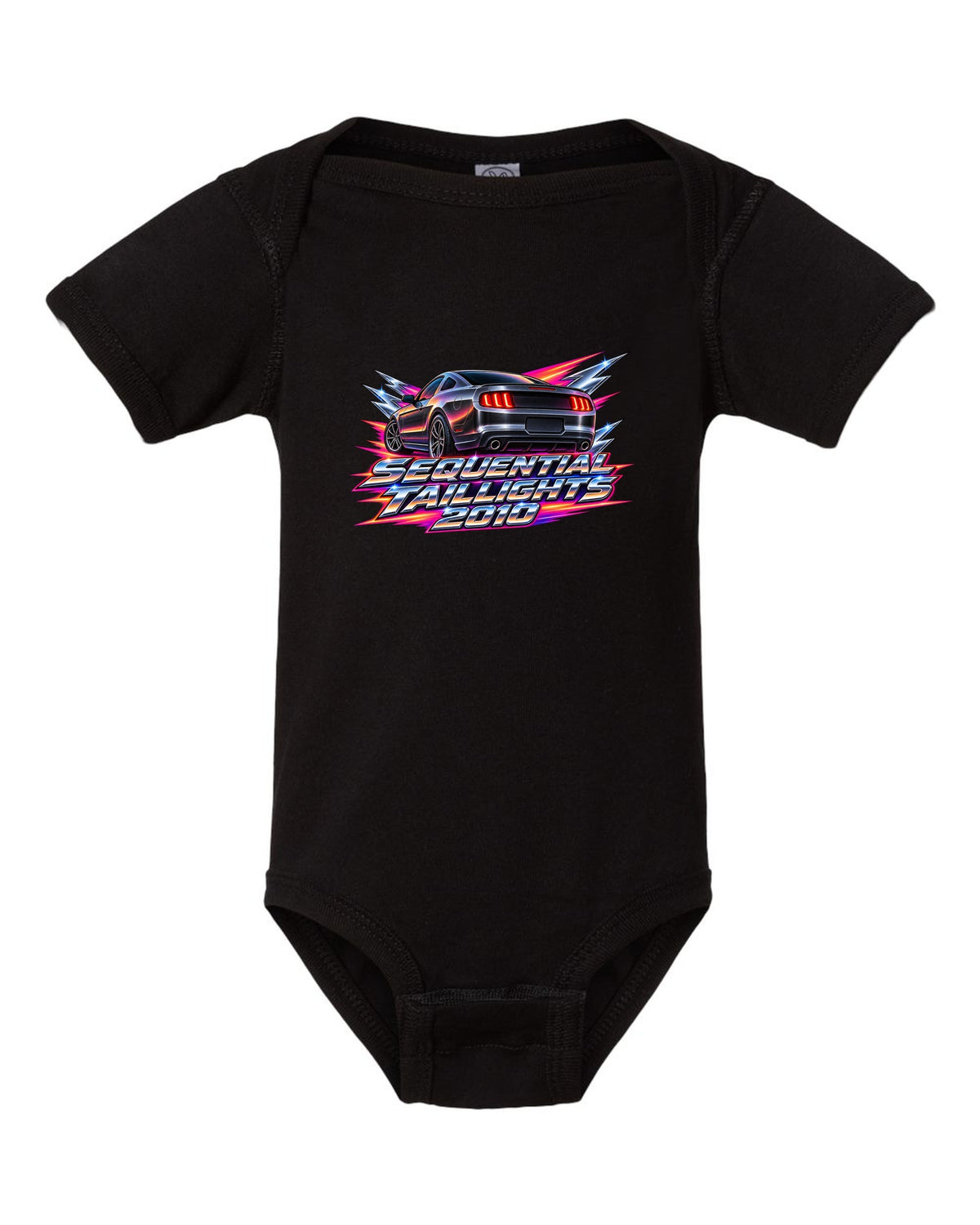 80s airbrush chrome 2005-2014 S197 Ford Mustang fastback with sequential taillights text black baby onesie front view with the design