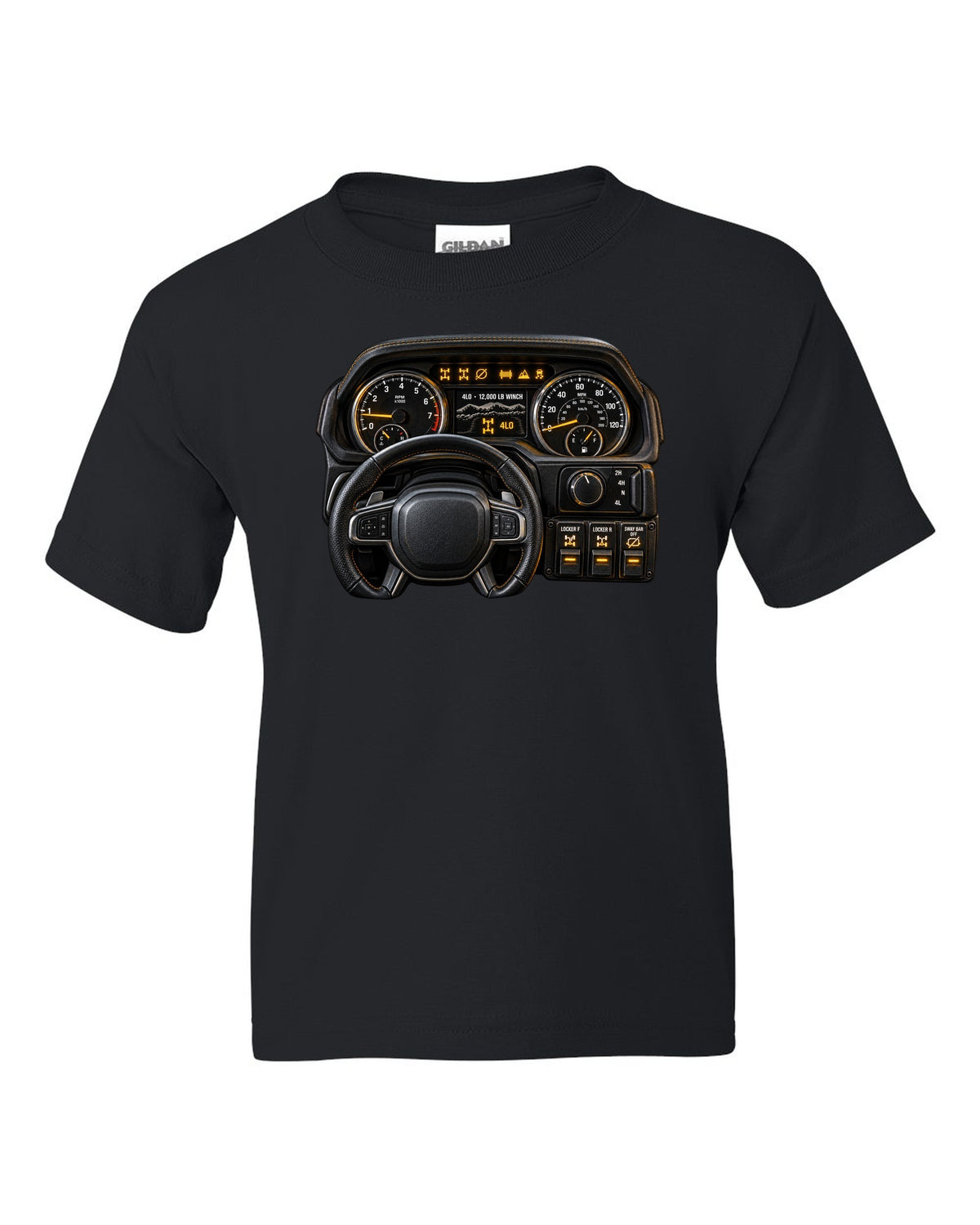Cockpit gauge print of a Ram 2500 Power Wagon showing locker and sway bar readouts black kids tee front view with the design