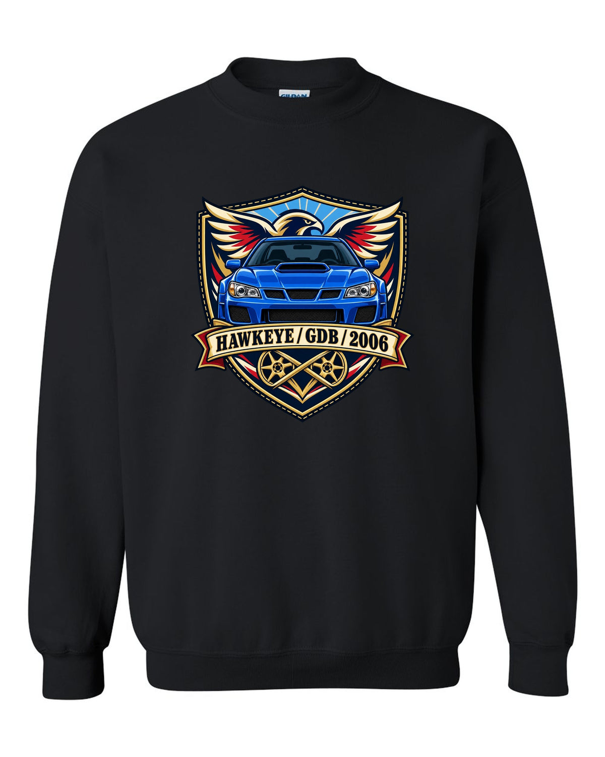 Subaru Impreza WRX STI GDB Hawkeye varsity crest print reading HAWKEYE / GDB / 2006 black crewneck front view with the design