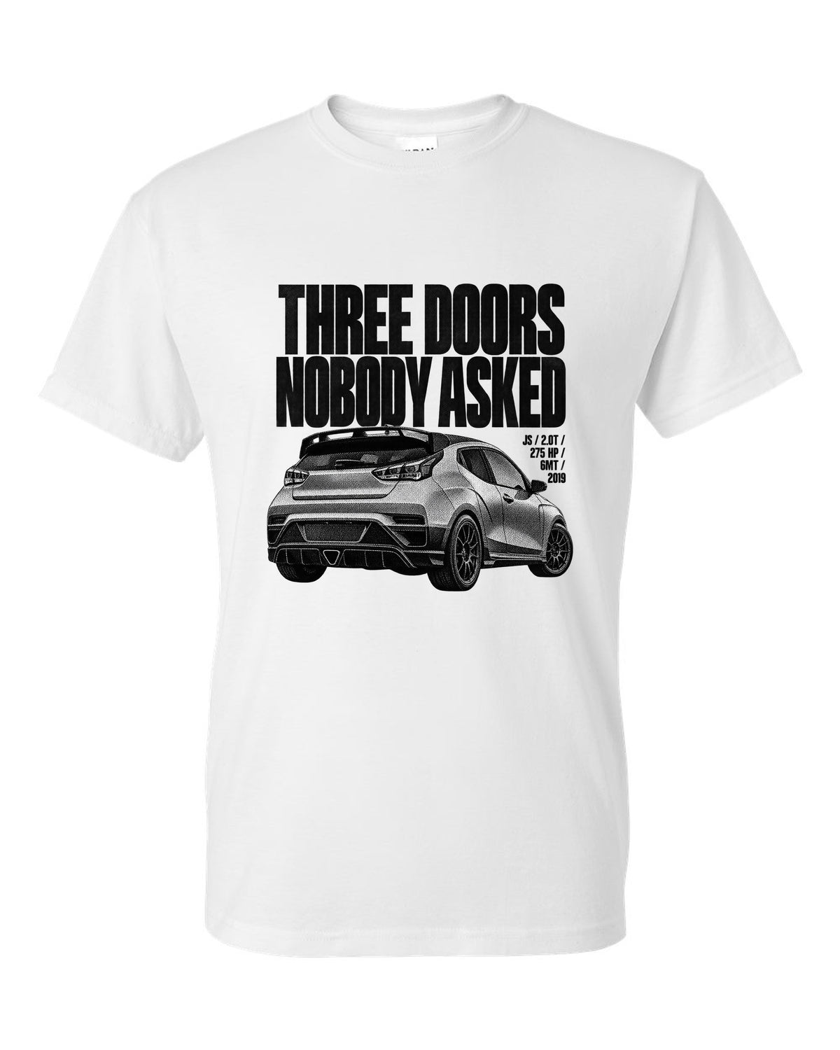 Hyundai Veloster N JS halftone print with three doors text white t-shirt front view with the design