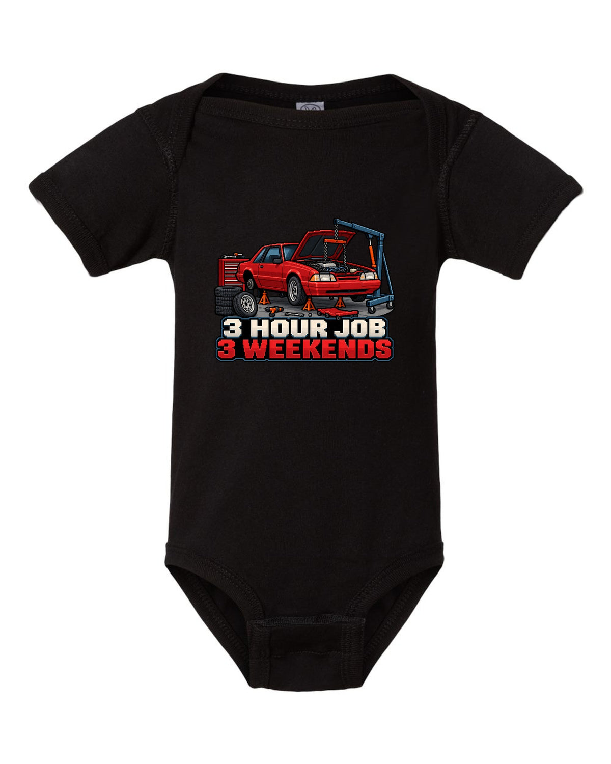 16-bit pixel art print of a 1989 Ford Mustang Fox Body notchback in a workshop black baby onesie front view with the design