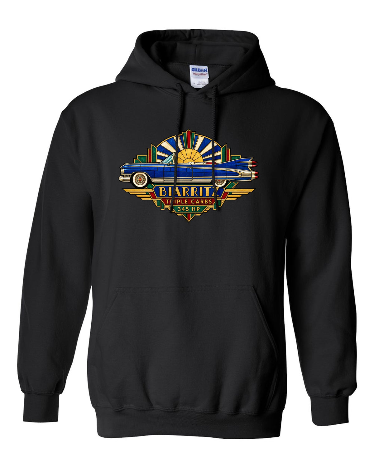 1959 Cadillac Eldorado Biarritz in Art Deco stained-glass geometric style black pull over hoodie front view with the design