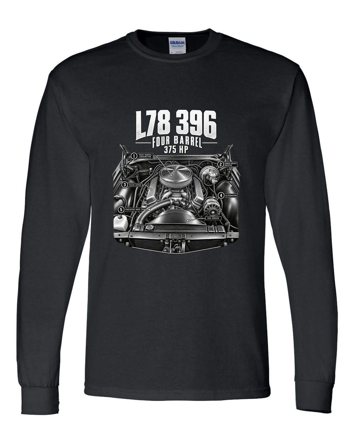 Engine hero print of an L78 396 big block in a 1969 Chevrolet Chevelle SS with 375 hp text black long sleeve front view with the design
