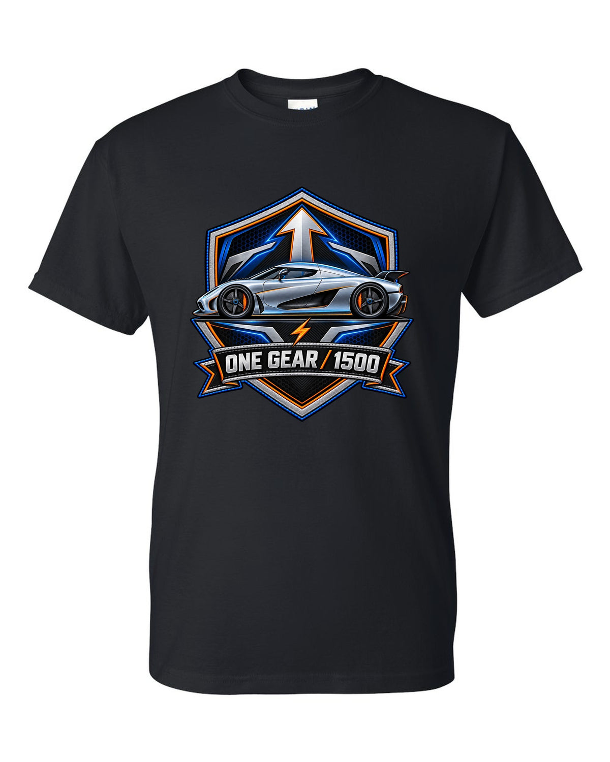 Embroidery-style varsity crest for the Koenigsegg Regera with ONE GEAR 1500 lettering black t-shirt front view with the design