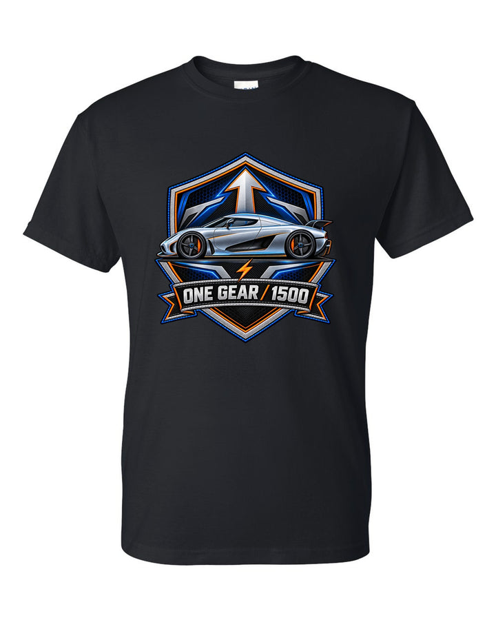 Embroidery-style varsity crest for the Koenigsegg Regera with ONE GEAR 1500 lettering black t-shirt front view with the design