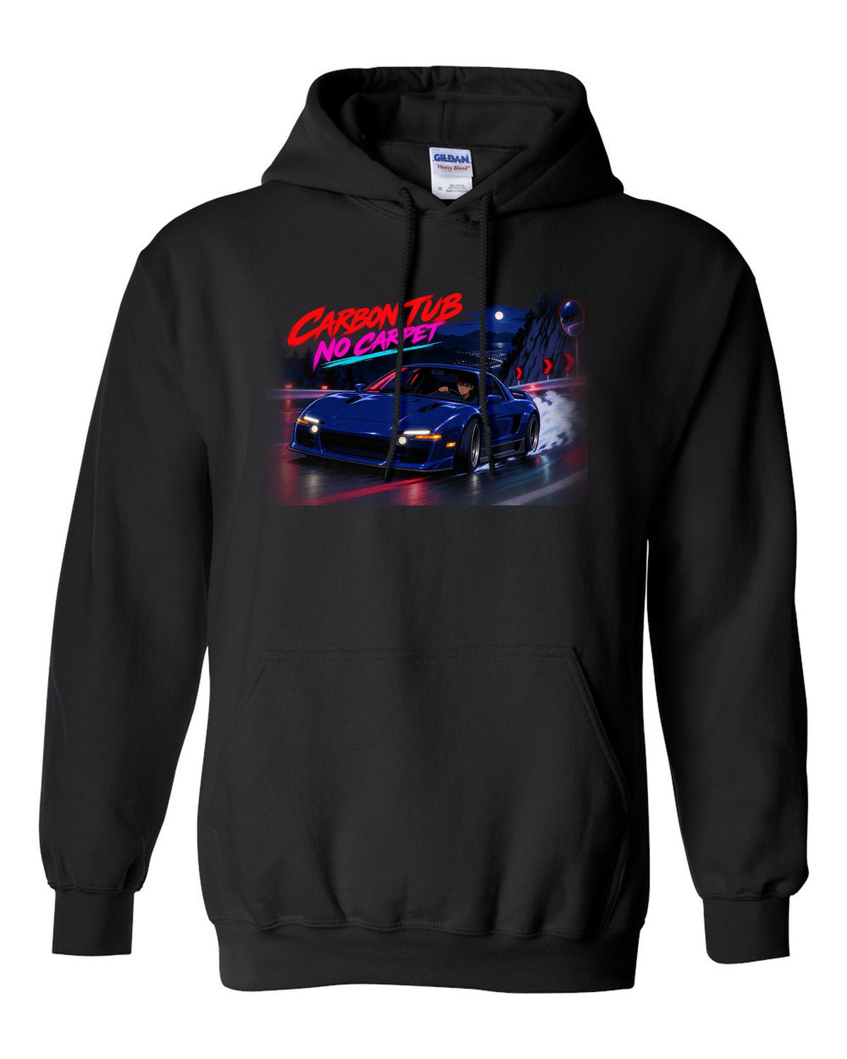 Cel-shaded anime night touge scene with an Alfa Romeo 4C and carbon tub no carpet text black pull over hoodie front view with the design