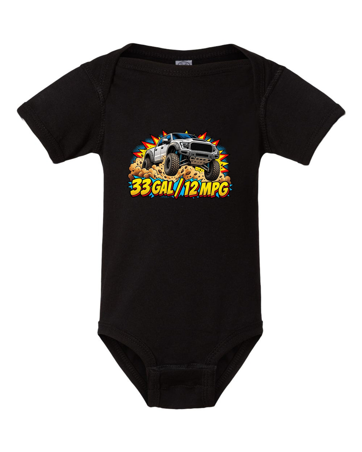 Comic halftone print of an airborne 2021-2024 Ram 1500 TRX with 33 gal 12 mpg text black baby onesie front view with the design