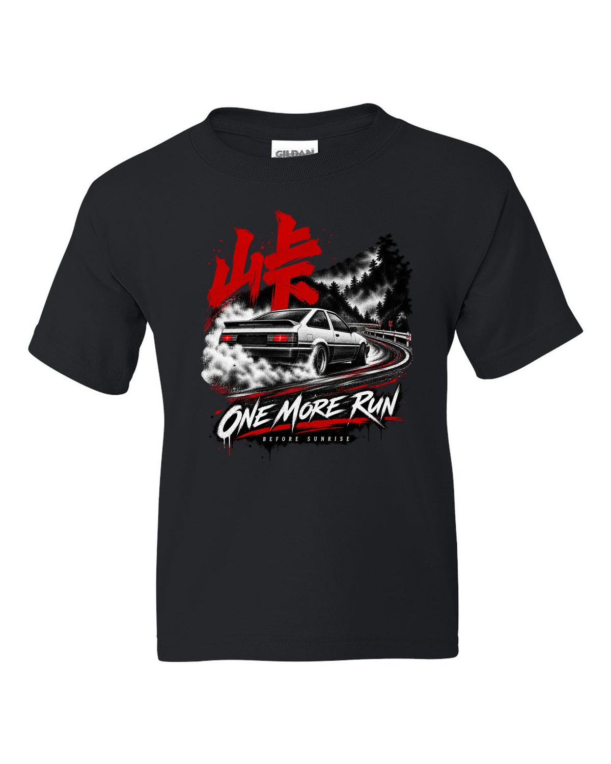 print of a Toyota AE86 Corolla Levin on a night touge road with kanji black kids tee front view with the design