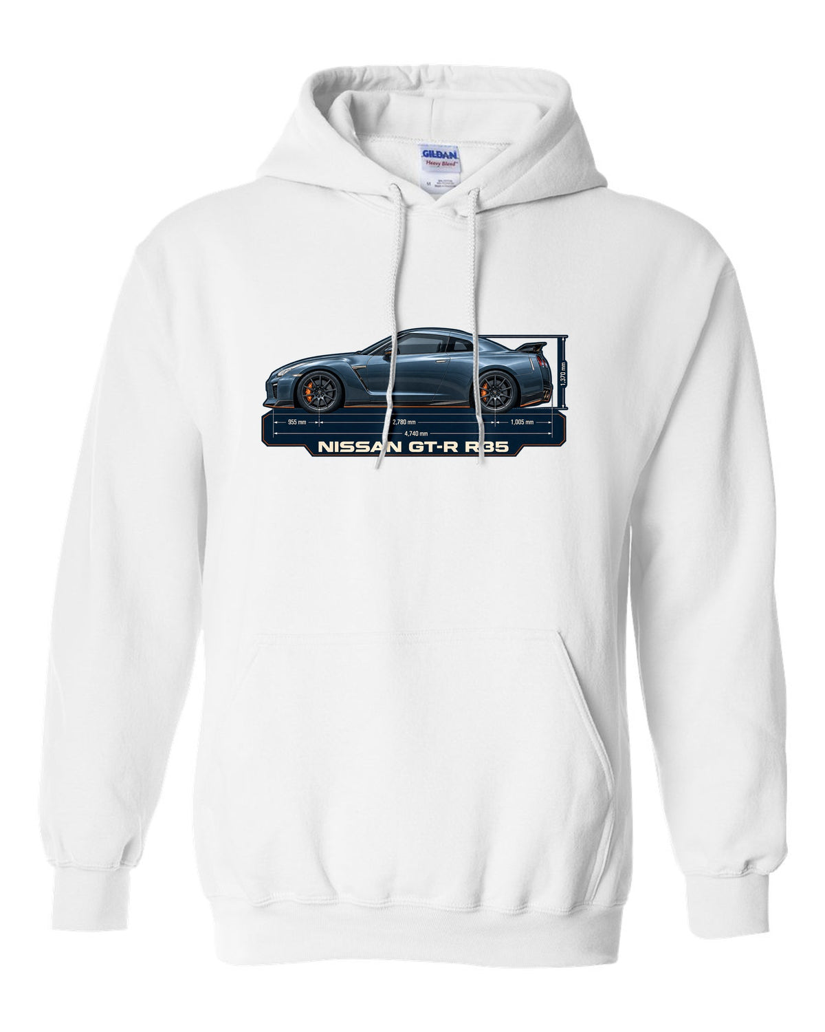 Nissan Z RZ34 Performance dimension blueprint in graphite blue white pull over hoodie front view with the design