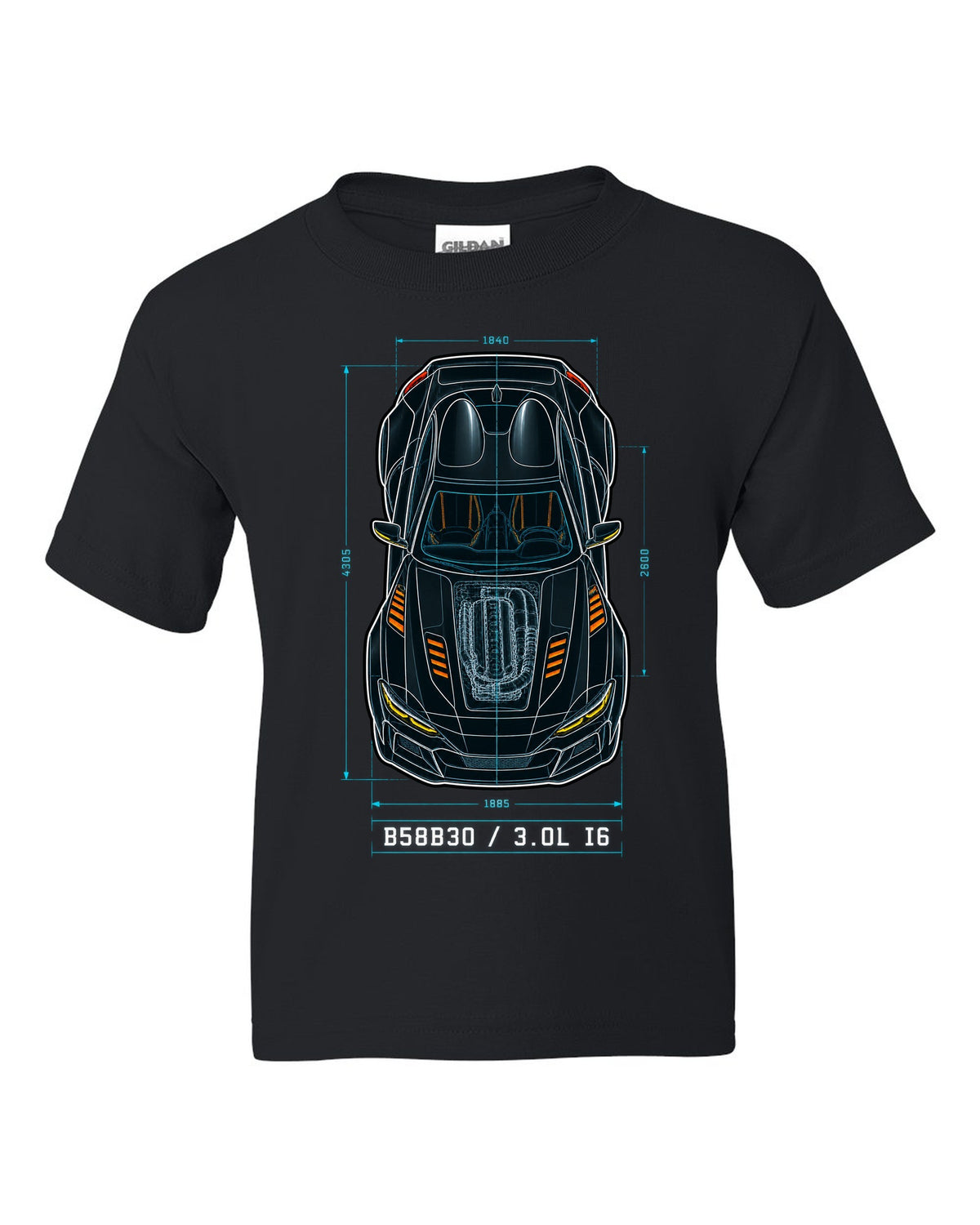 Patent-style overhead blueprint of the B58B30 3.0L inline-six in the Toyota GR Supra A90 black kids tee front view with the design