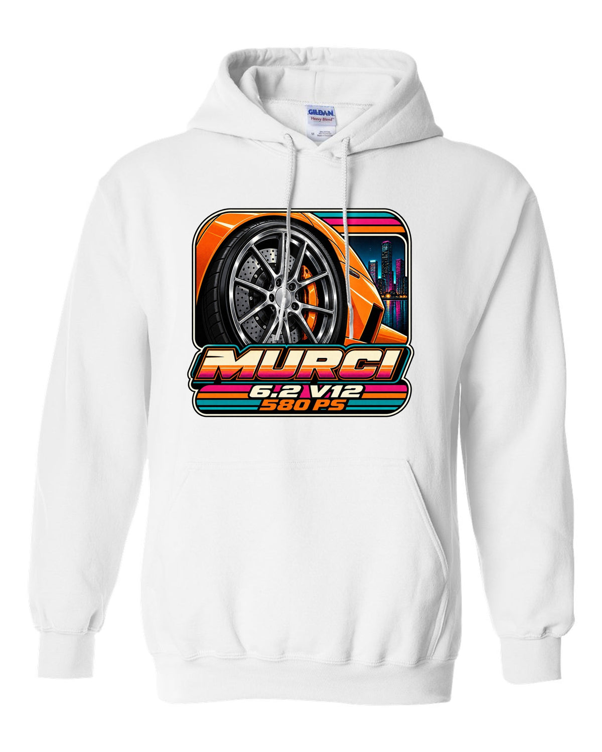 Cassette tape packaging style print of a 2001 Lamborghini Murcielago wheel with 6.2 V12 and 580 PS white pull over hoodie front view with the design