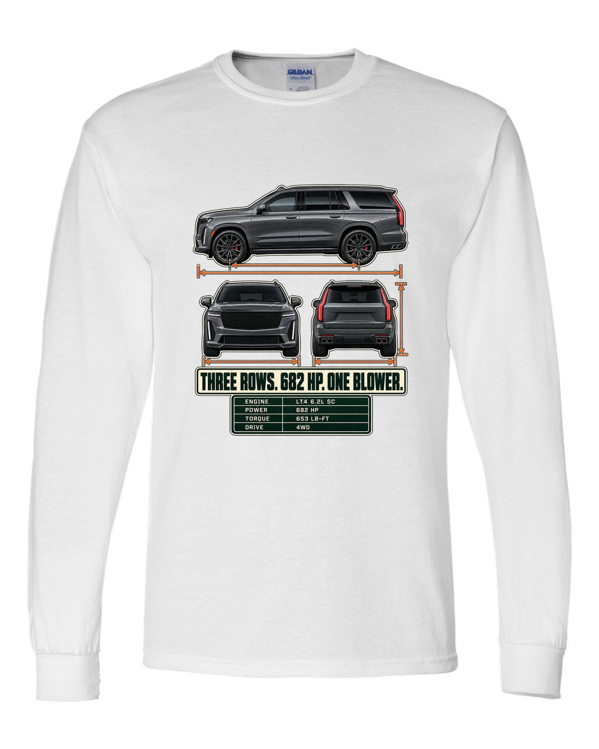 Three-view and spec table print of a 2023-25 Cadillac Escalade-V white long sleeve front view with the design