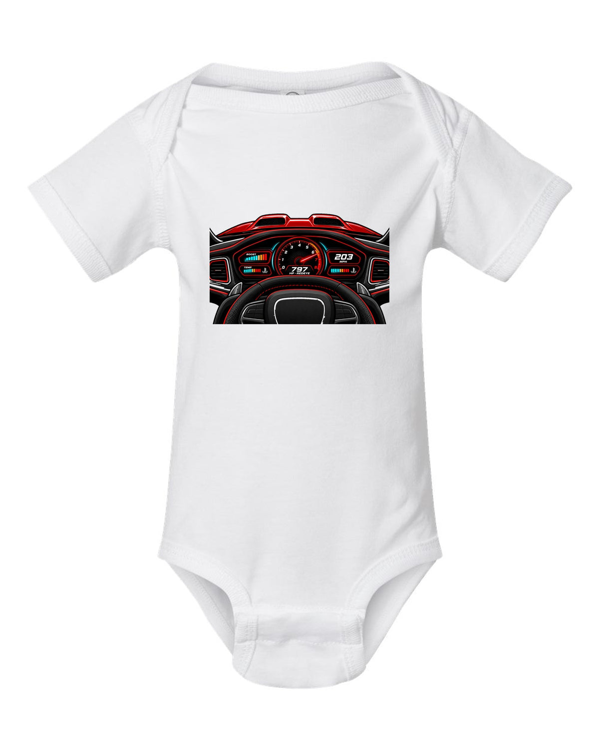 Retro Japanese showa catalogue ad of a 1969 Dodge Charger Daytona with a tall rear wing white baby onesie front view with the design