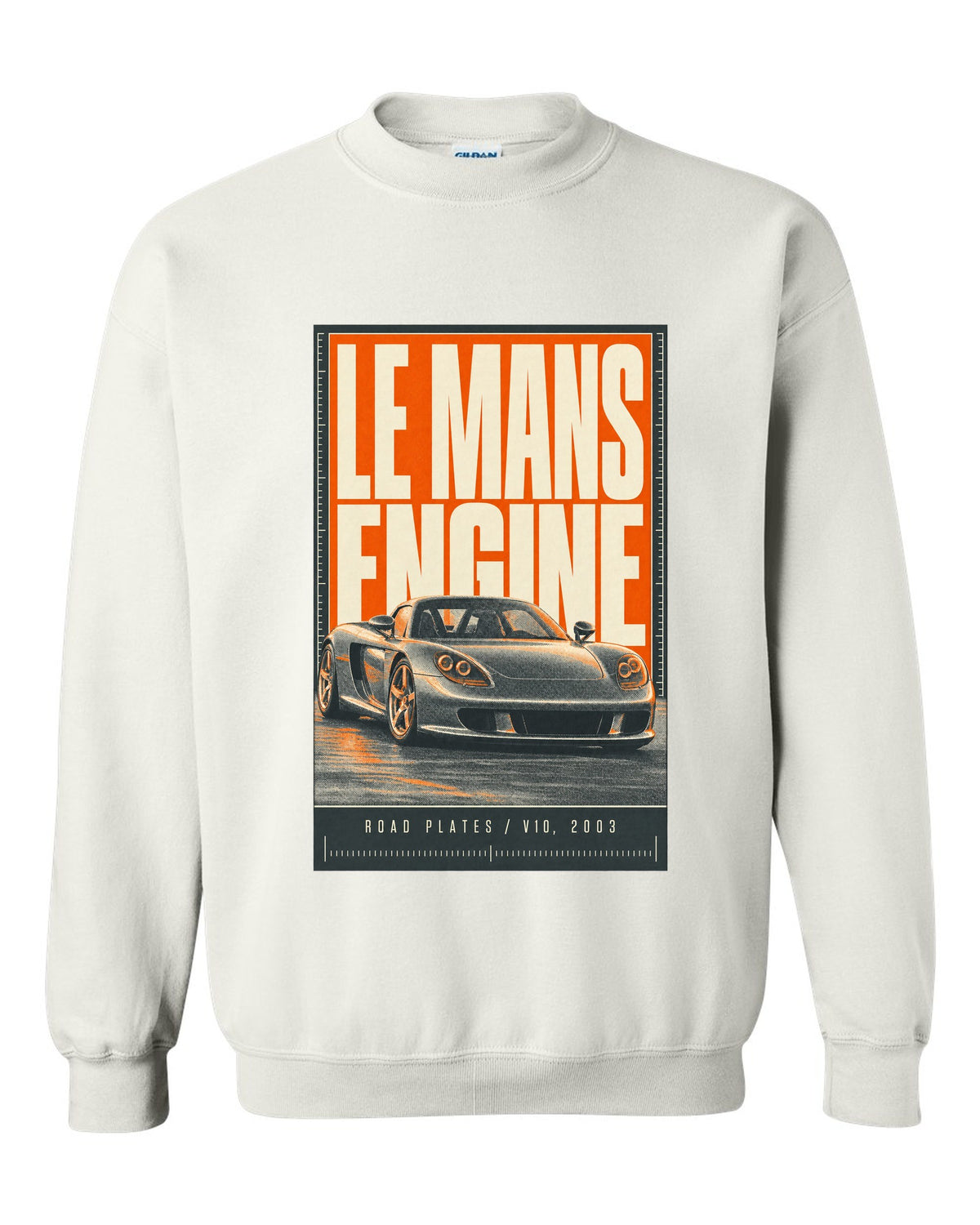 Porsche Carrera GT halftone statement print design white crewneck front view with the design