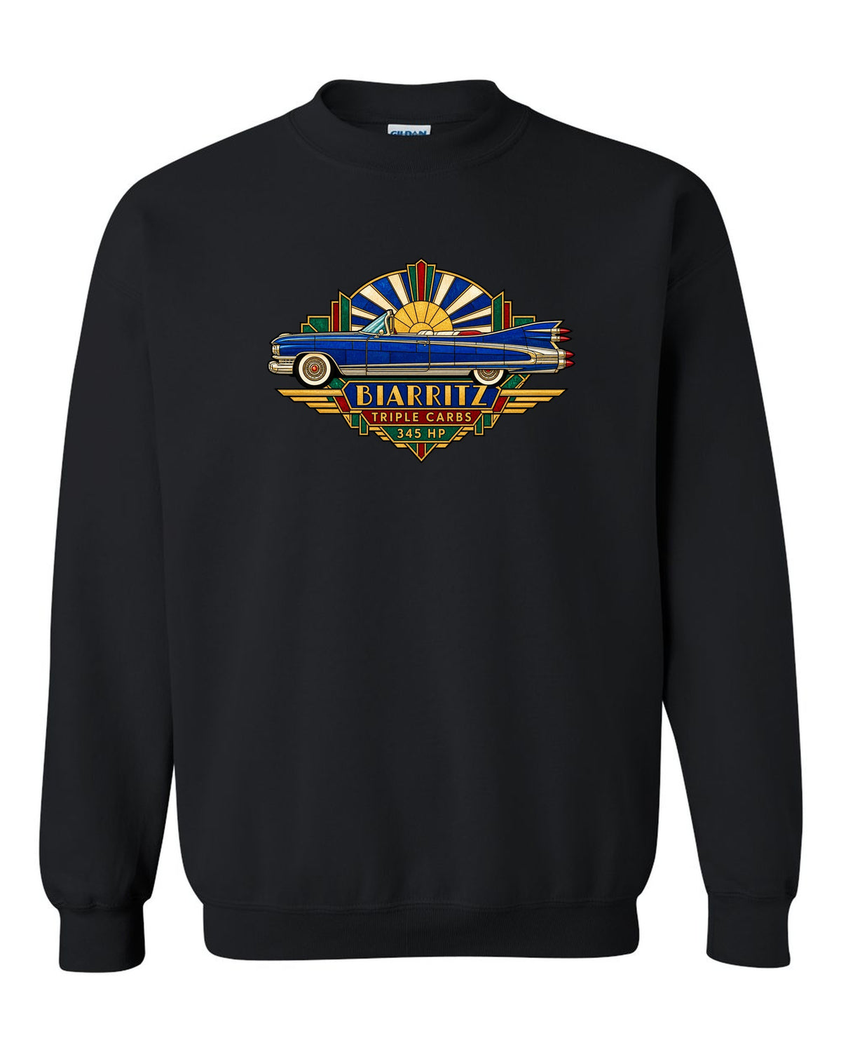 1959 Cadillac Eldorado Biarritz in Art Deco stained-glass geometric style black crewneck front view with the design