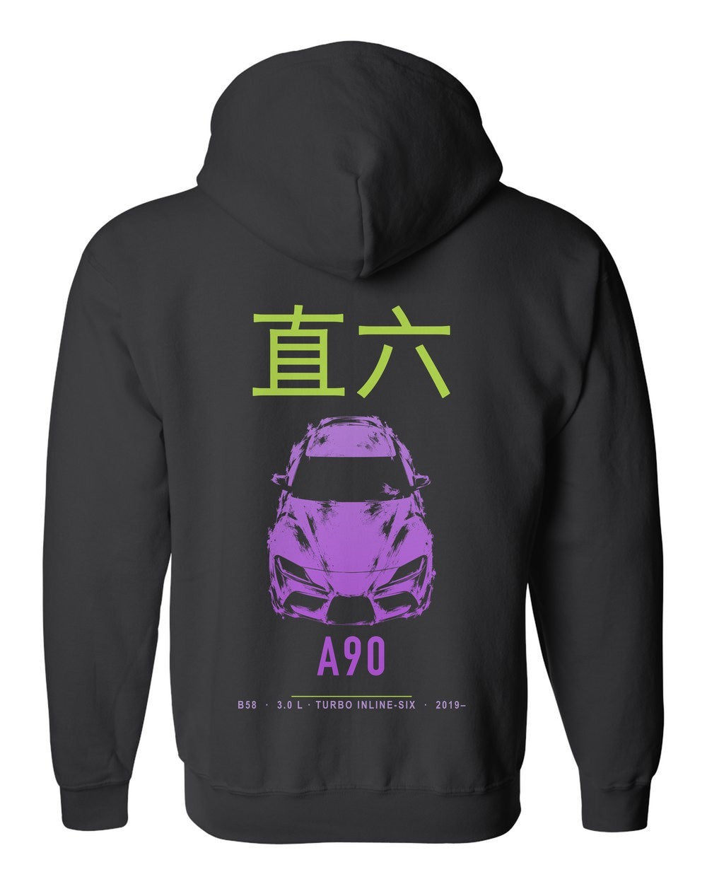 A90 full-back artwork black zip hoodie back view with the design