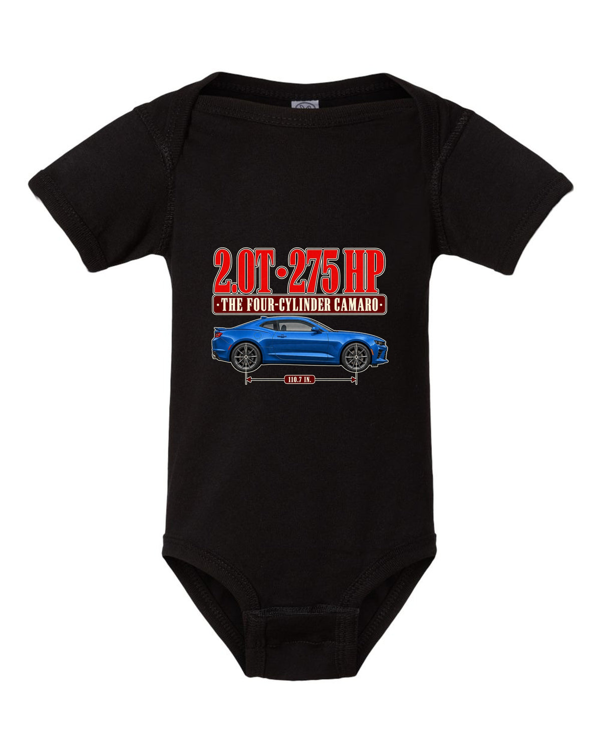 Editorial headline print for a Chevrolet Camaro 2.0T Turbo 1LE black baby onesie front view with the design