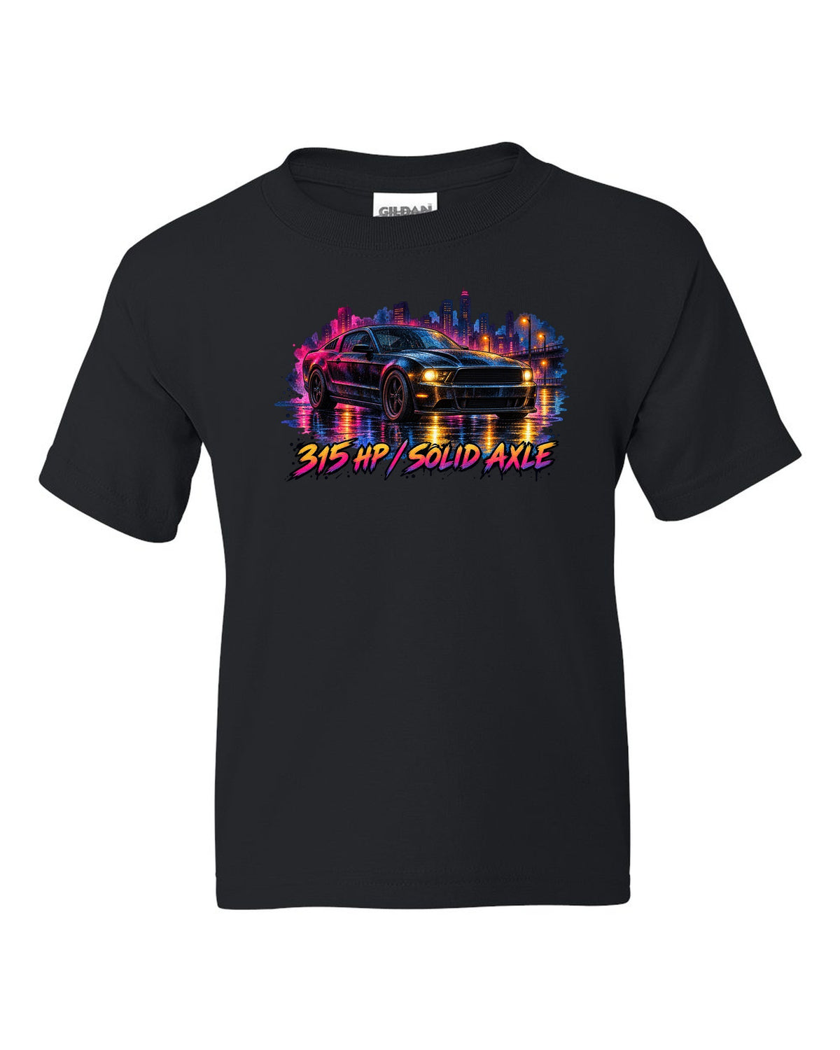 Watercolour wet road night scene with a 2005-2014 S197 Ford Mustang fastback black kids tee front view with the design