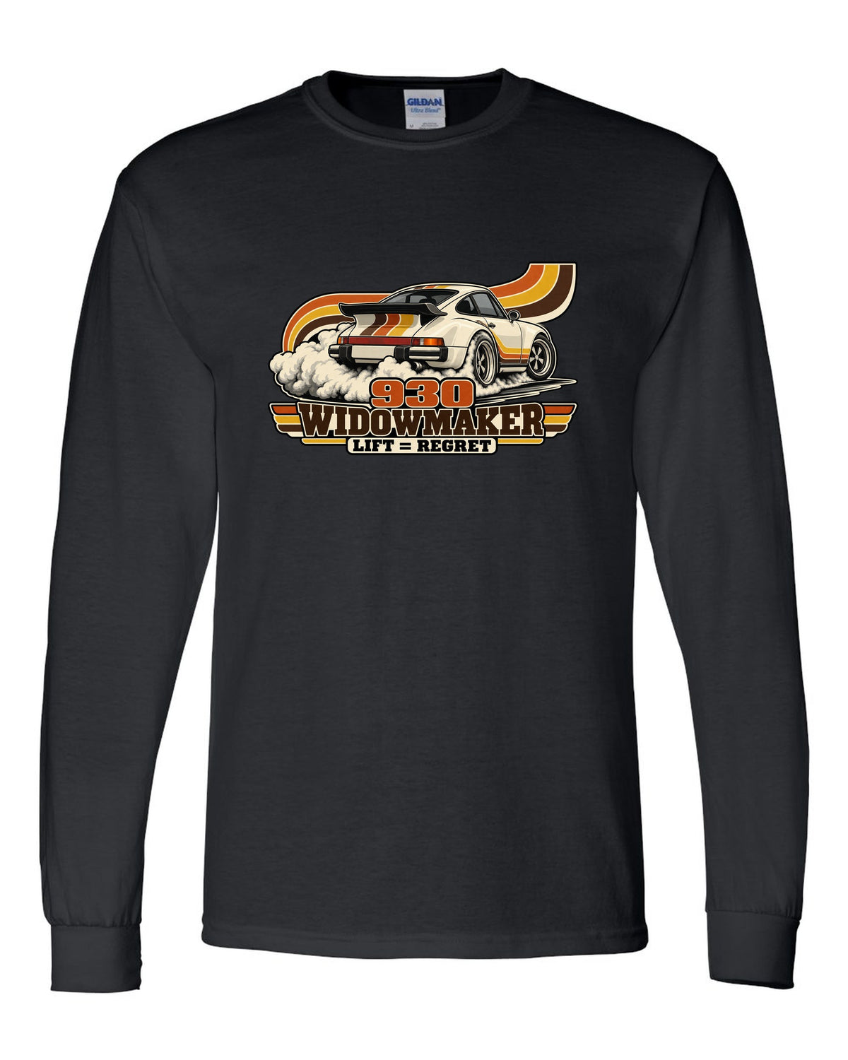 Retro 70s striped illustration of a Porsche 911 Turbo 930 with whale tail black long sleeve front view with the design