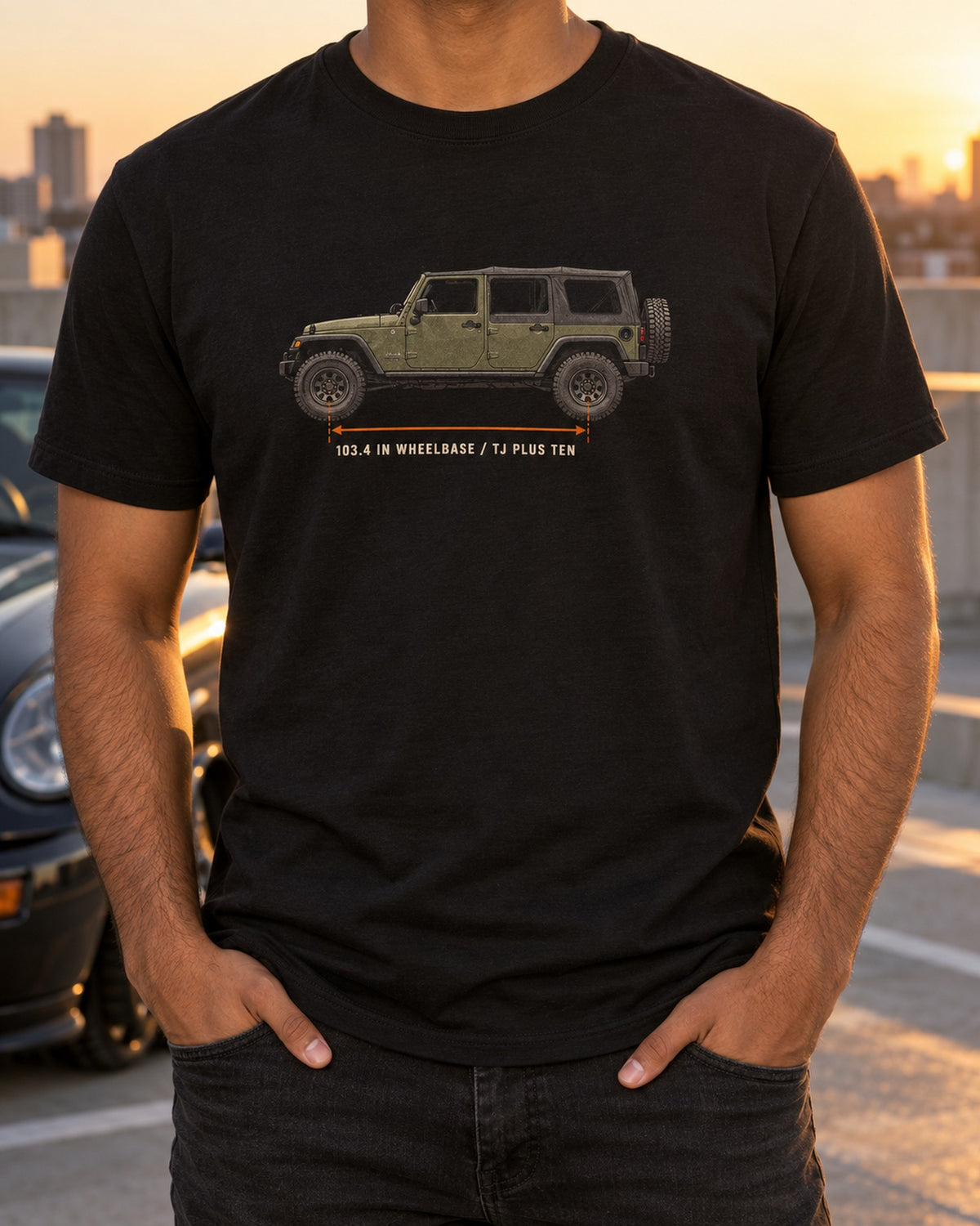 Jeep Wrangler LJ Unlimited Wheelbase Patent Drawing Graphic Tee T-Shirt Black worn hero