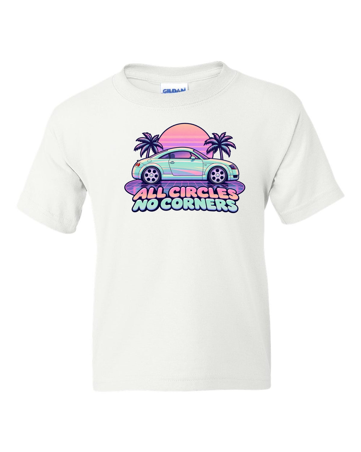 Pastel vaporwave print of an Audi TT Coupe 8N with all circles no corners text white kids tee front view with the design