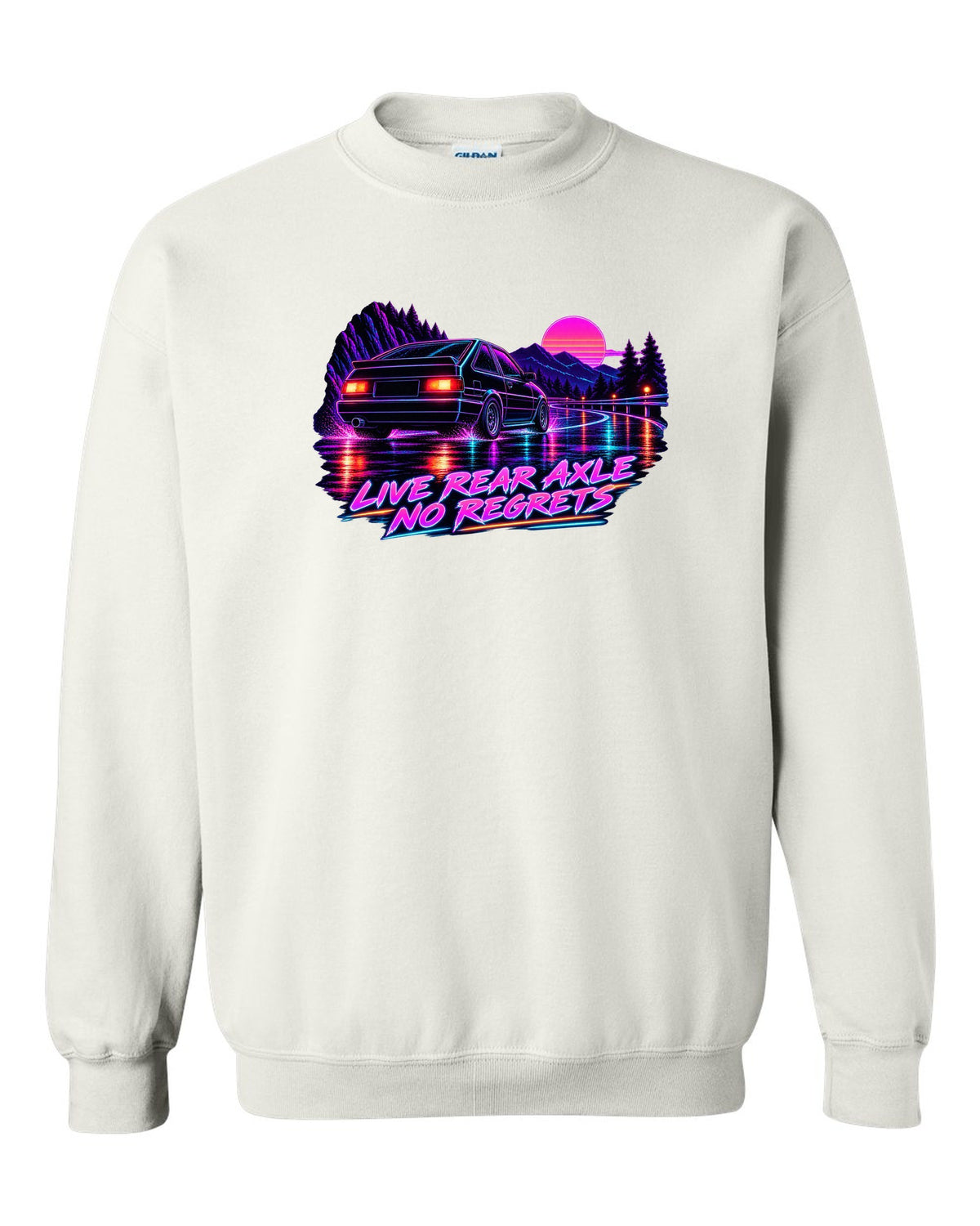 Neon synthwave line art print of a Toyota Corolla Levin AE86 with Live Rear Axle lettering white crewneck front view with the design