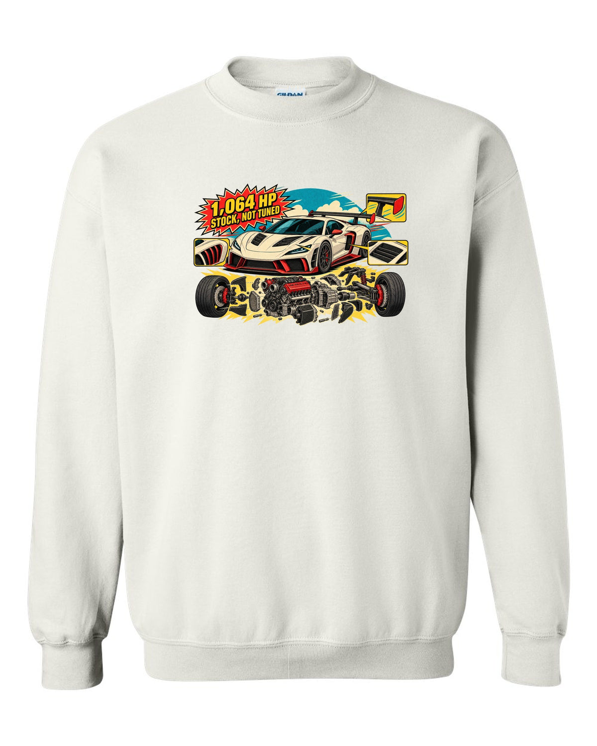 Exploded flat-plane V8 engine schematic with a 2023 C8 Corvette Z06 white crewneck front view with the design