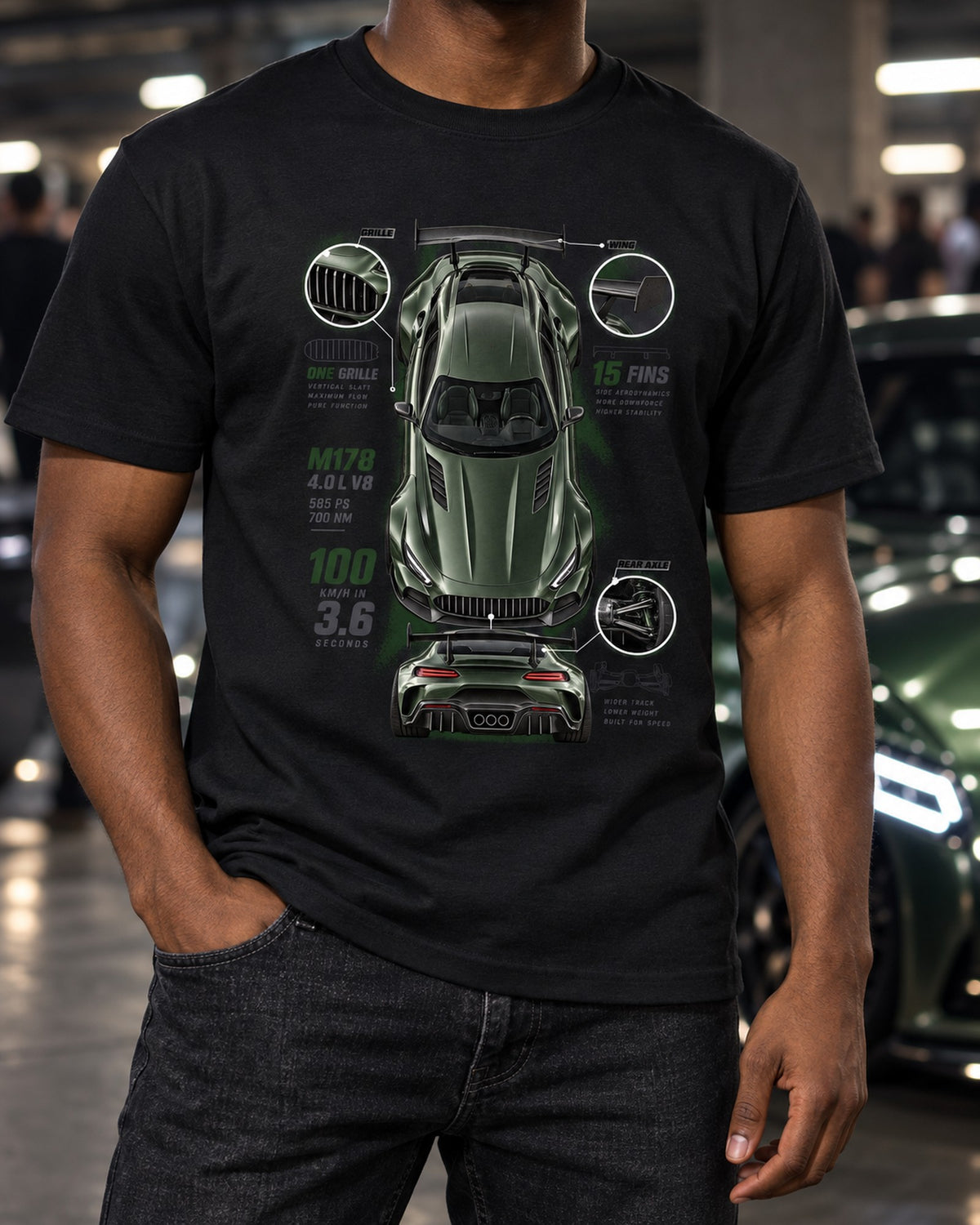 Mercedes-AMG GT R C190 Spec Poster Shirt, Fifteen Fins T-Shirt Black worn hero