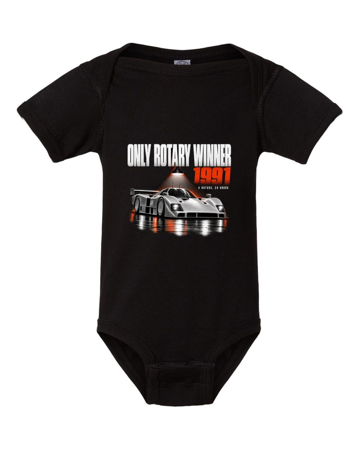 Mazda 787B in a dark garage with only rotary winner 1991 lettering black baby onesie front view with the design