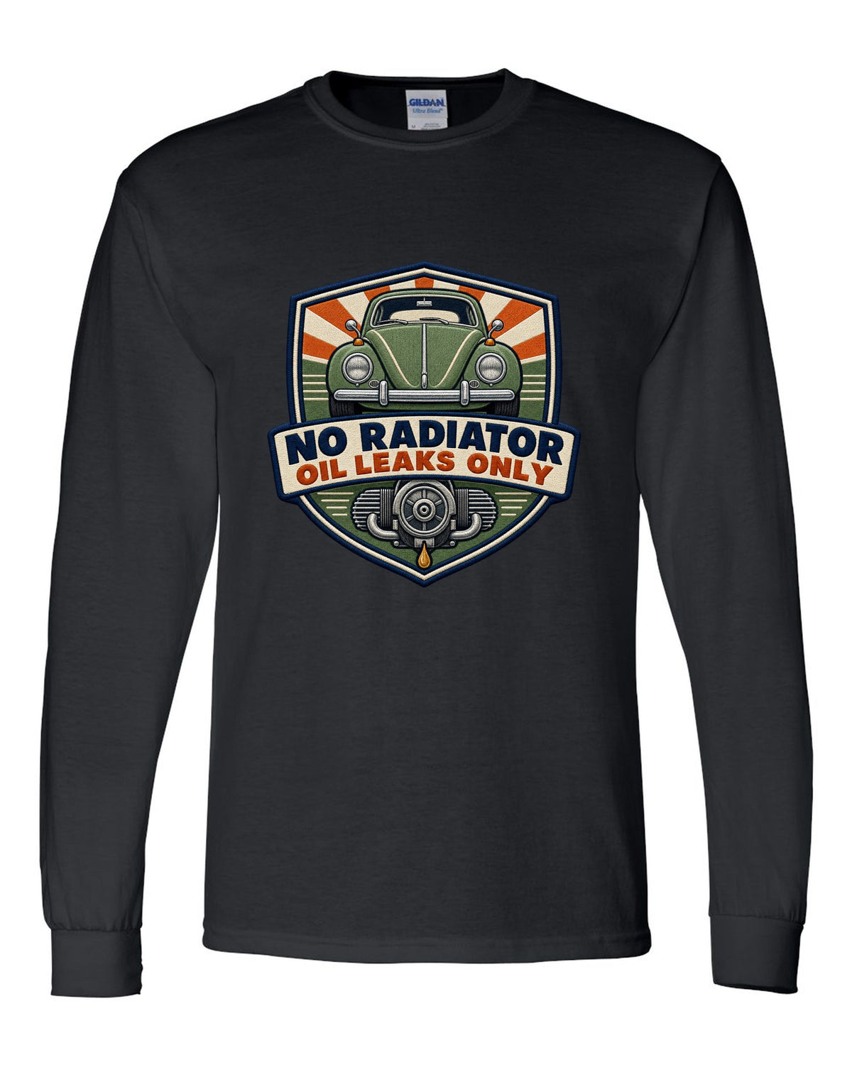 Shield crest for the VW Beetle Type 1 1303 reading no radiator, oil leaks only black long sleeve front view with the design