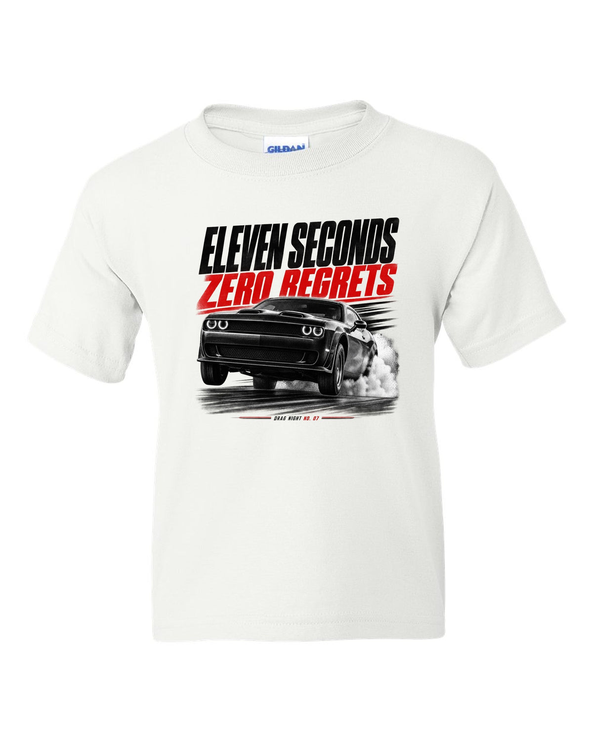 Race poster print of a 2019 Dodge Challenger Hellcat Redeye for Drag Night No. 07 white kids tee front view with the design