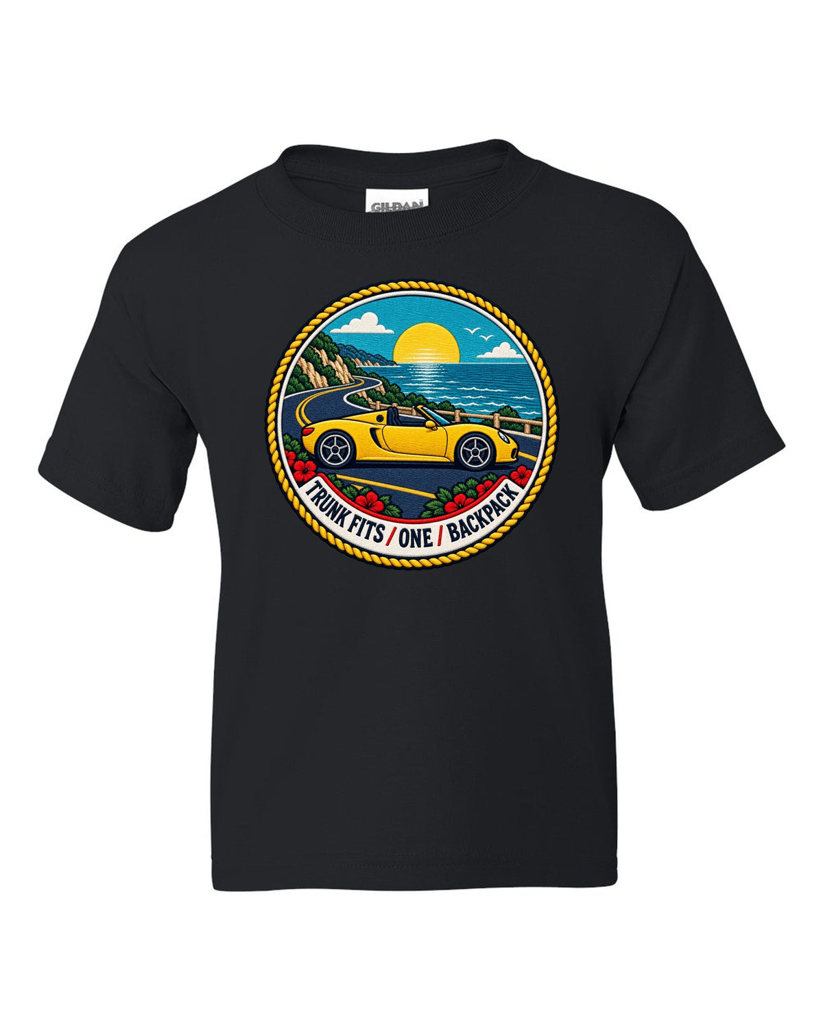 Varsity crest design for the Toyota MR2 W30 MR-S open roadster black kids tee front view with the design