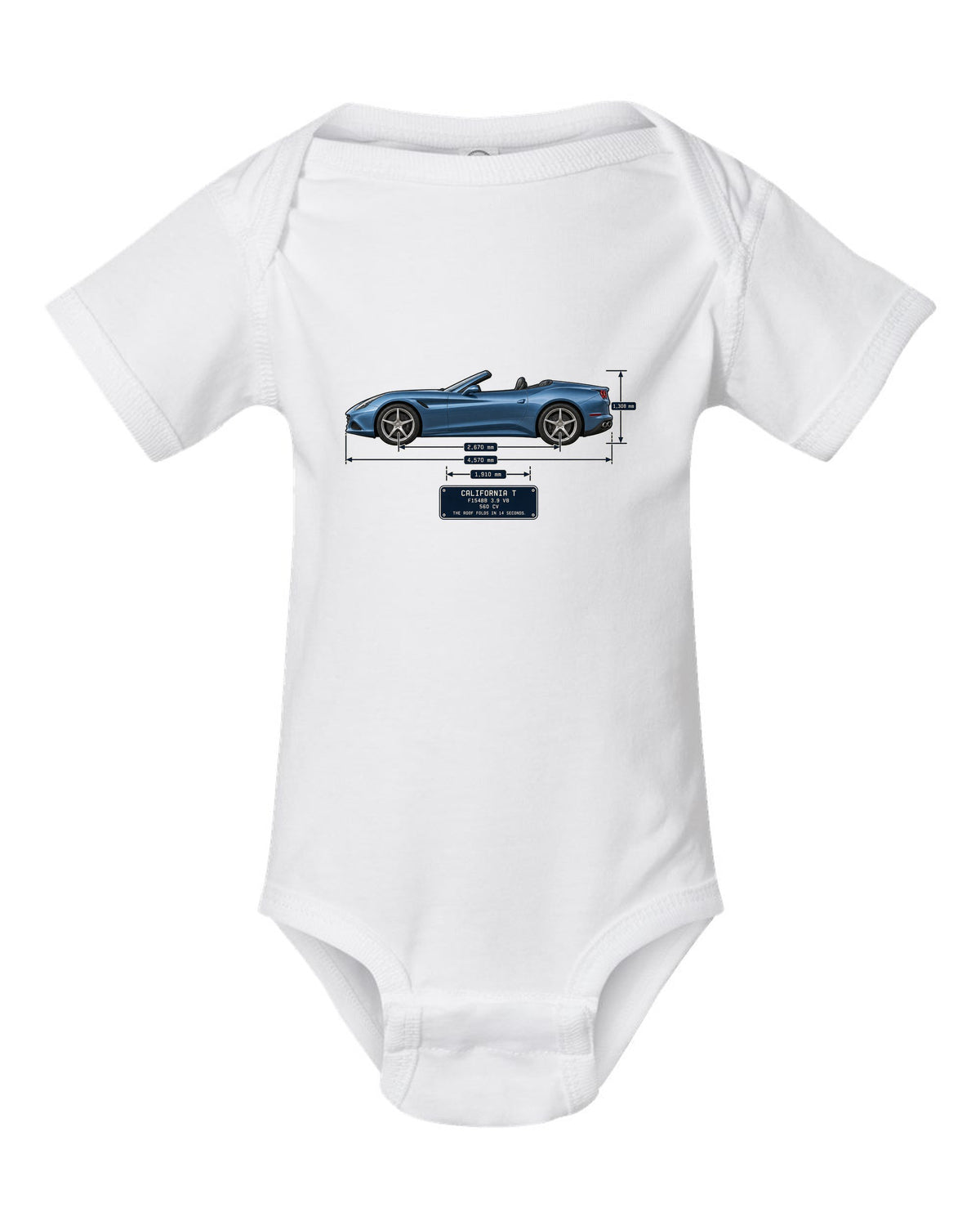 Dimension blueprint print of the Ferrari California T with roof folded white baby onesie front view with the design