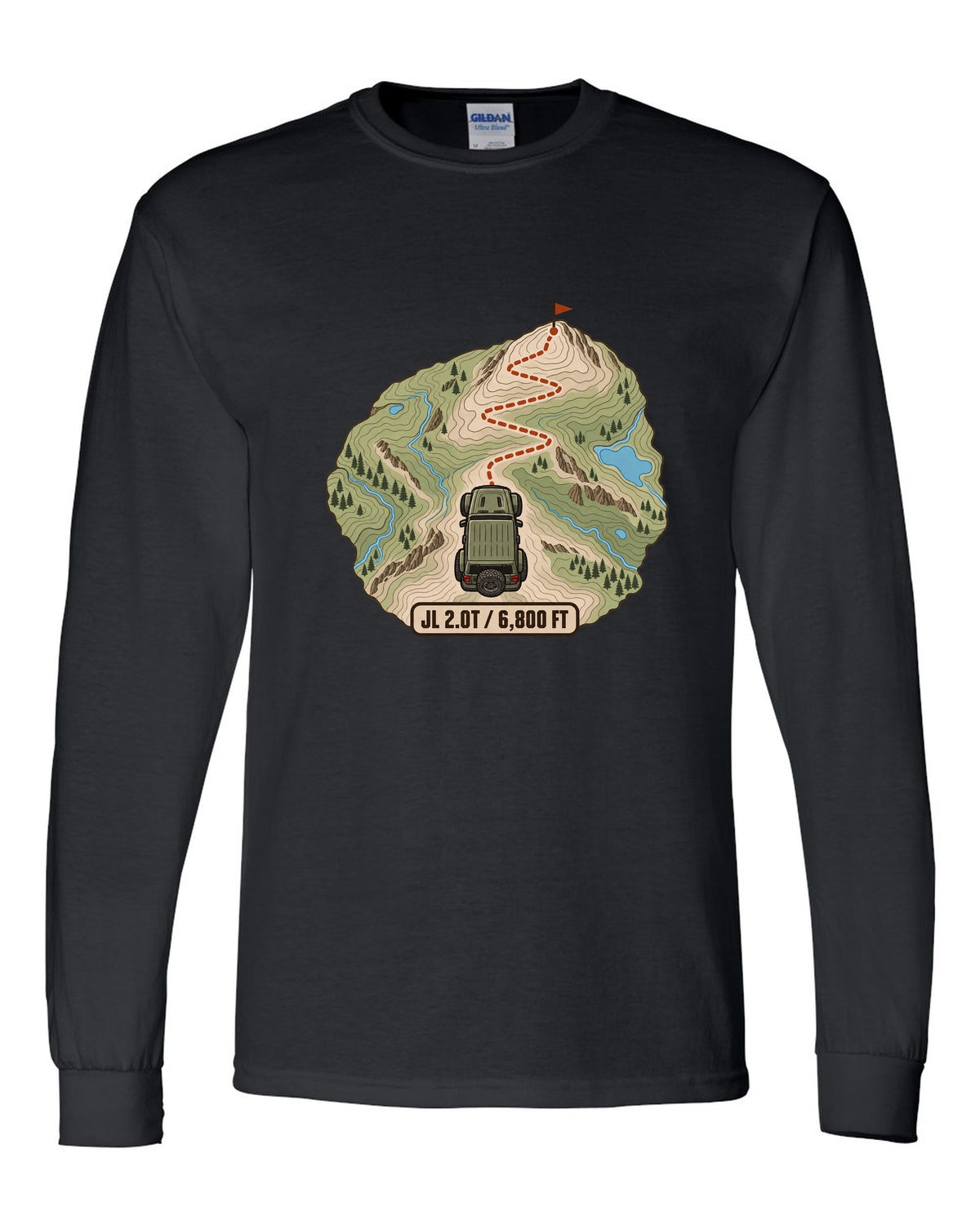 Jeep Wrangler JL 2.0T topographic contour map design with route line and 6,800 ft text black long sleeve front view with the design