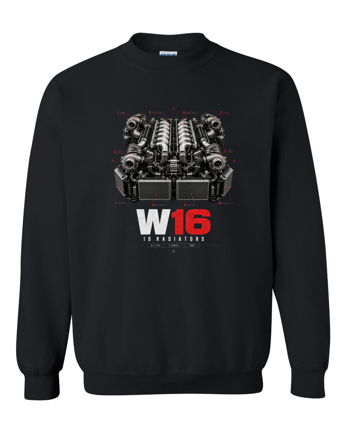 Bugatti Veyron 16.4 W16 engine poster with ten radiators black crewneck front view with the design