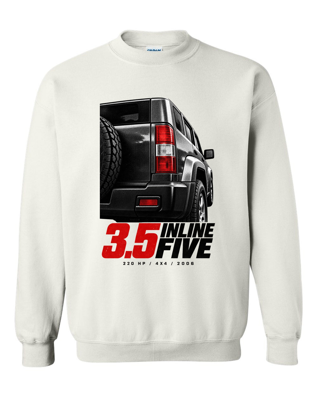 Macro print of a 2006-10 Hummer H3 taillight with engine lettering white crewneck front view with the design