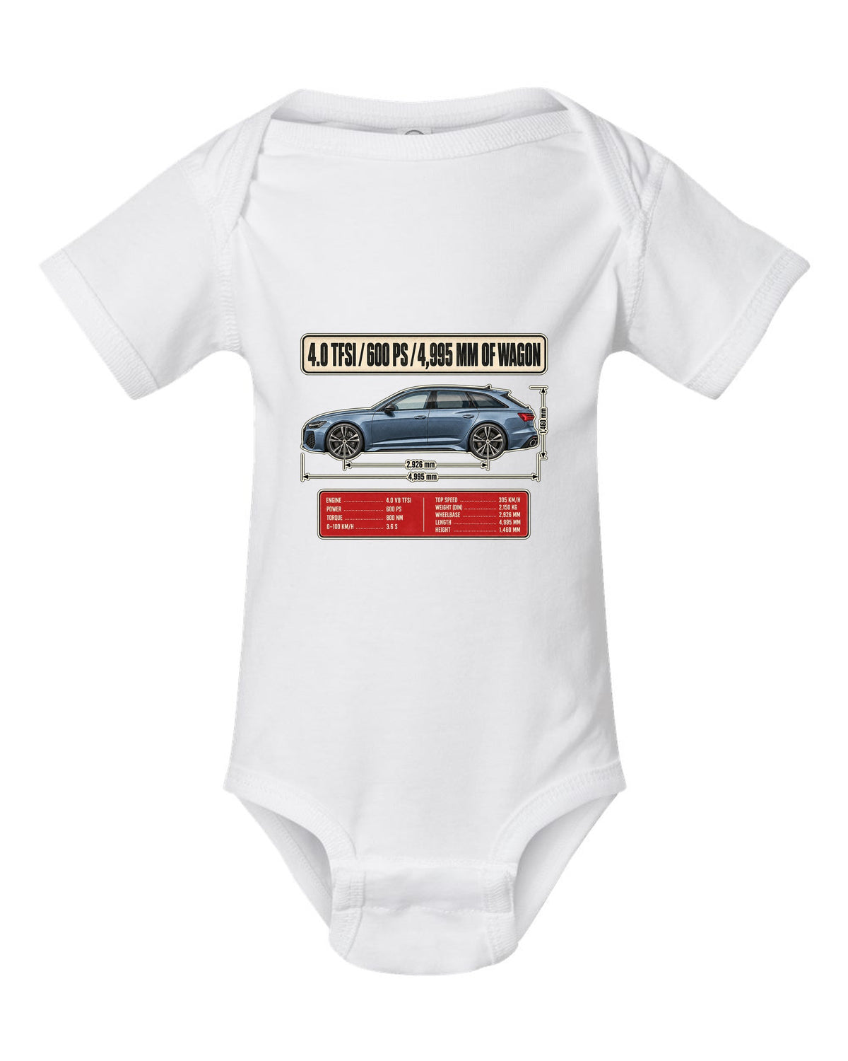 Audi RS6 Avant C8 wagon dimension blueprint print white baby onesie front view with the design
