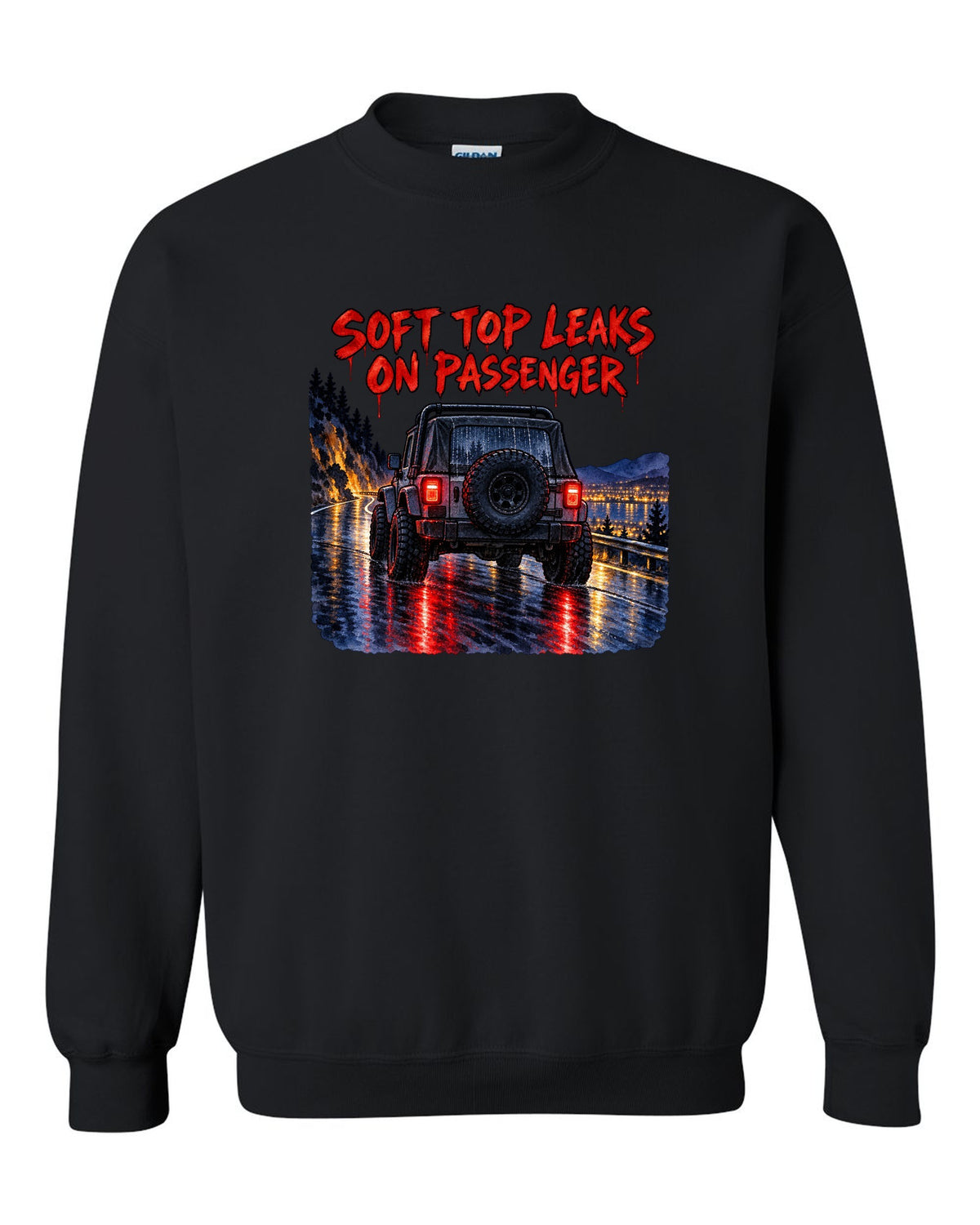 Watercolour wet-road night print of a Jeep Wrangler YJ taillights with soft top text black crewneck front view with the design