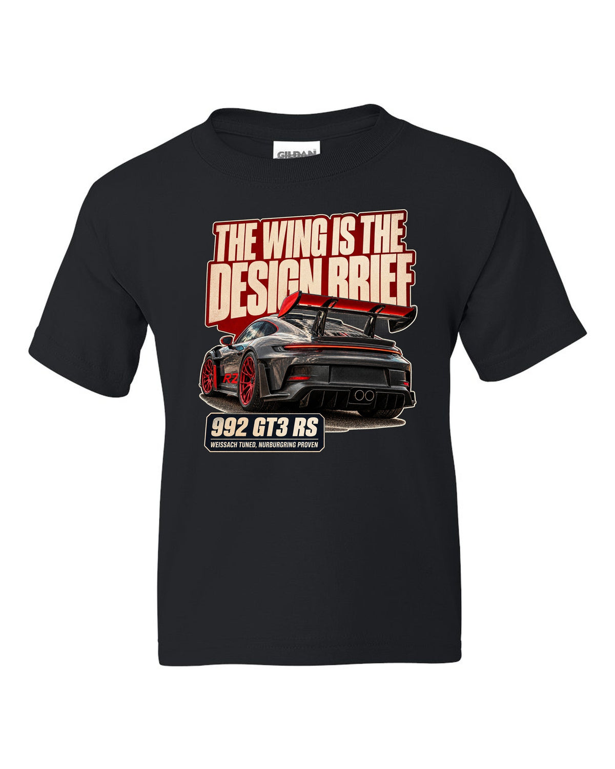 Porsche 992 GT3 RS editorial headline print design black kids tee front view with the design