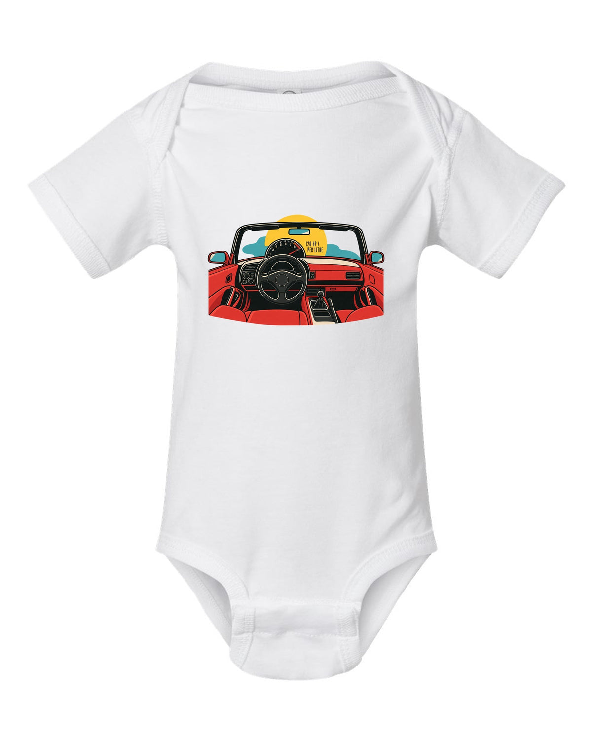 Minimal single-line contour art of a Honda S2000 AP1 with 120 HP per litre text white baby onesie front view with the design