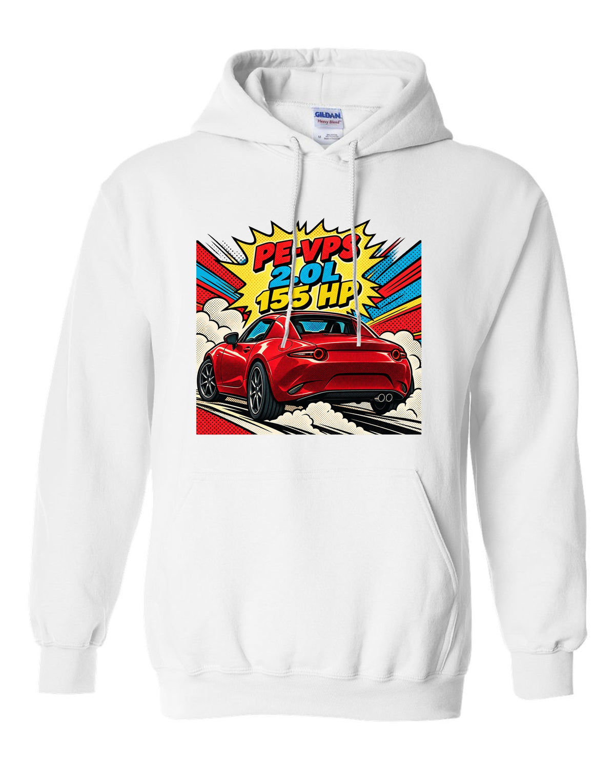 Comic halftone pop art Mazda MX-5 ND RF with PE-VPS 2.0L 155 HP spec line white pull over hoodie front view with the design