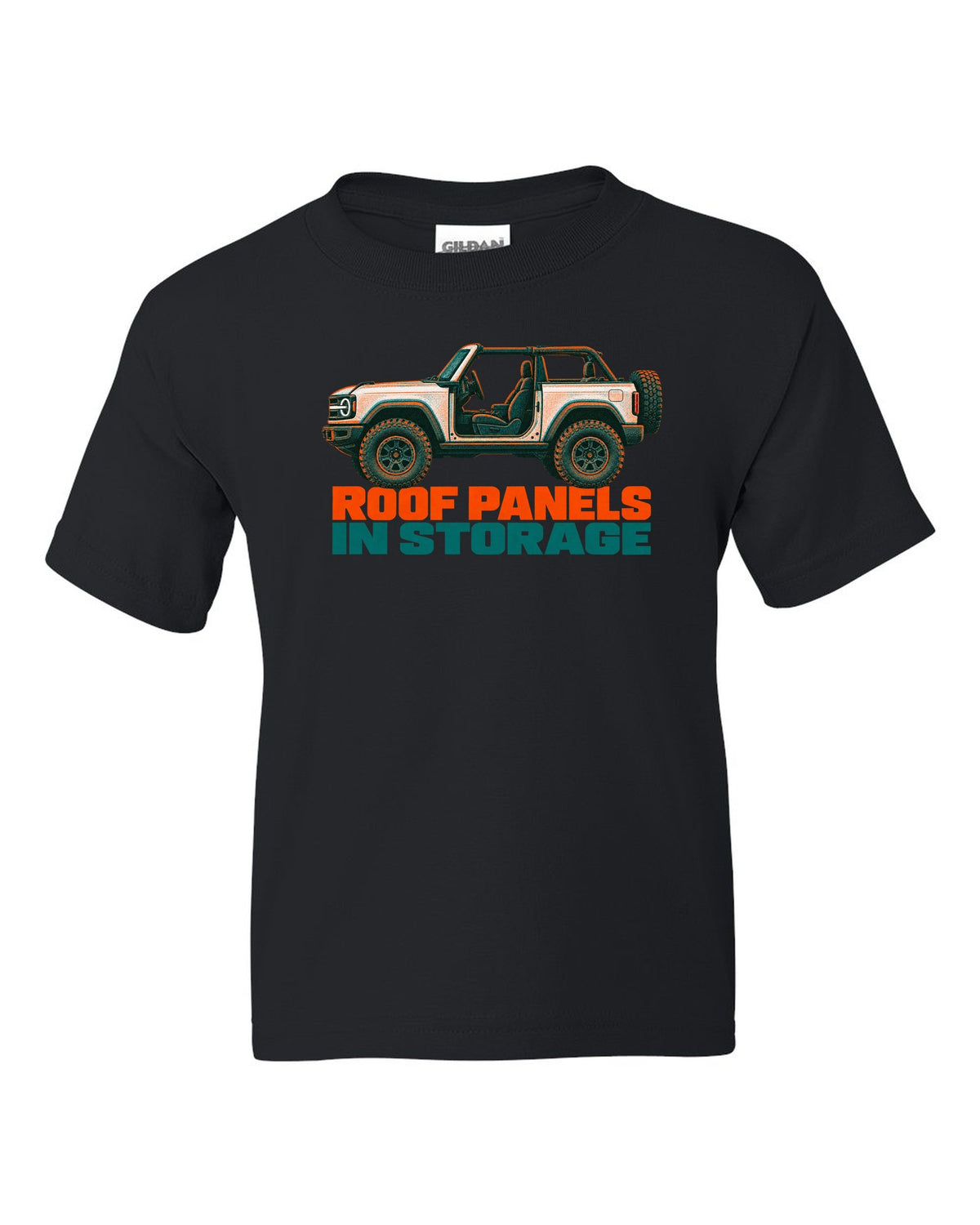 Risograph two-colour print of the Ford Bronco two-door U725 with roof panels in storage text black kids tee front view with the design