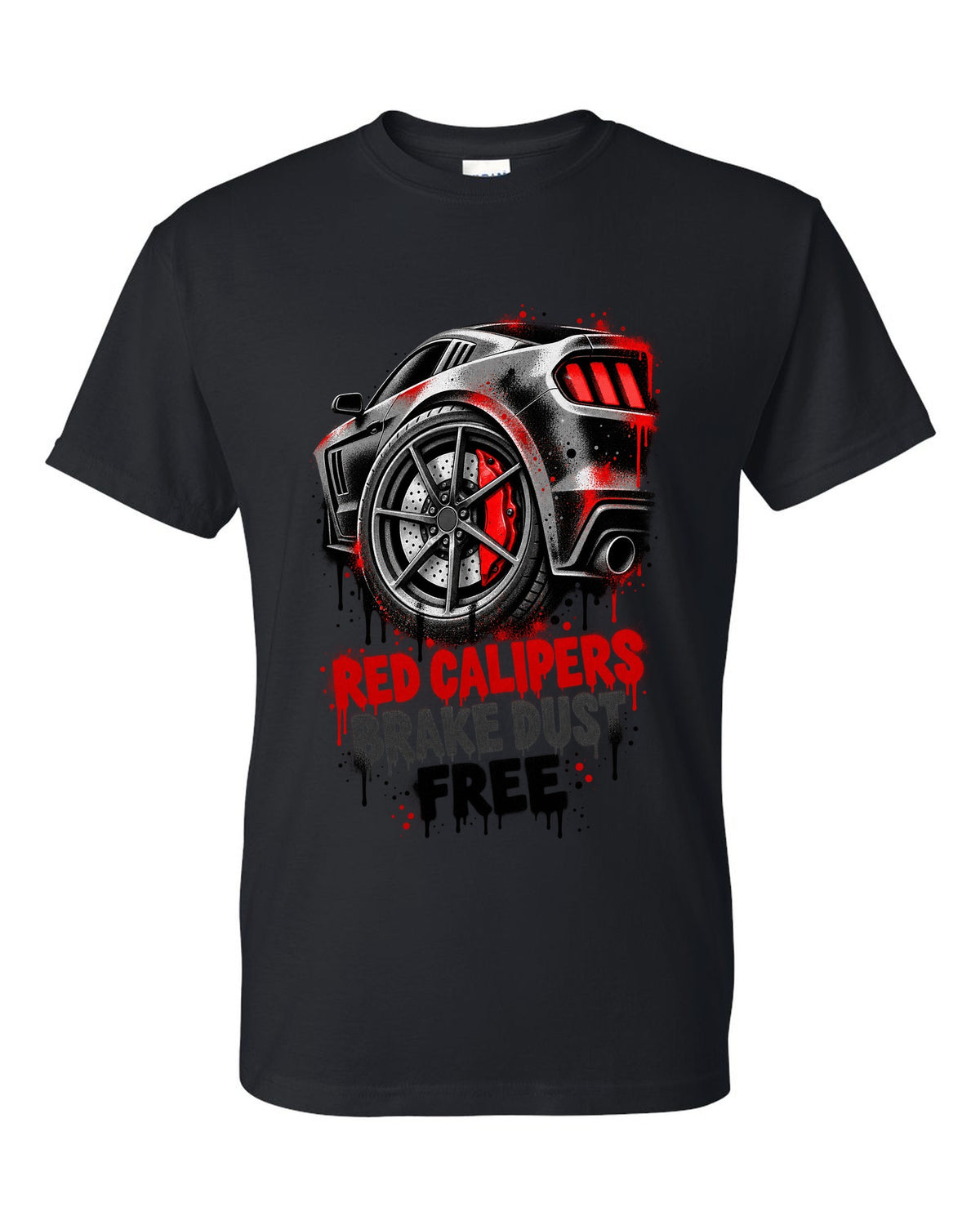Stencil spray street art print of Kia Stinger GT CK red calipers with brake dust text black t-shirt front view with the design