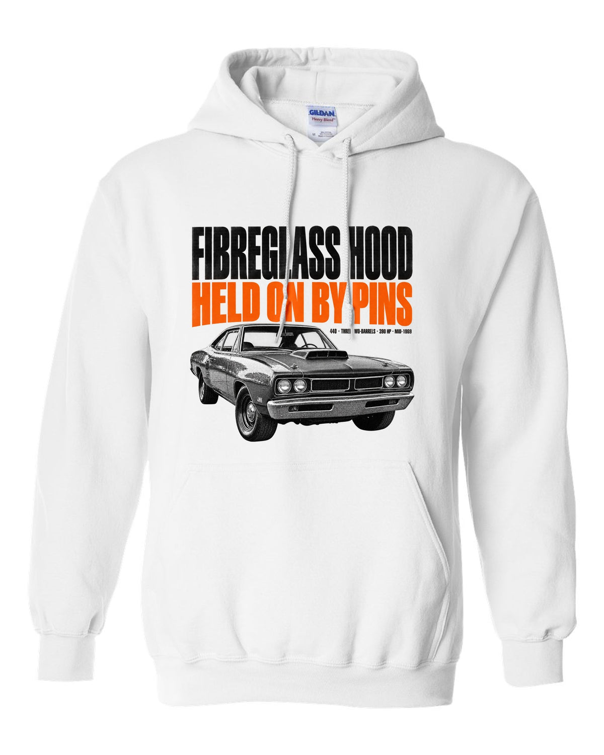 1969 Dodge Coronet Super Bee A12 hood halftone print with fibreglass hood and pins lettering white pull over hoodie front view with the design