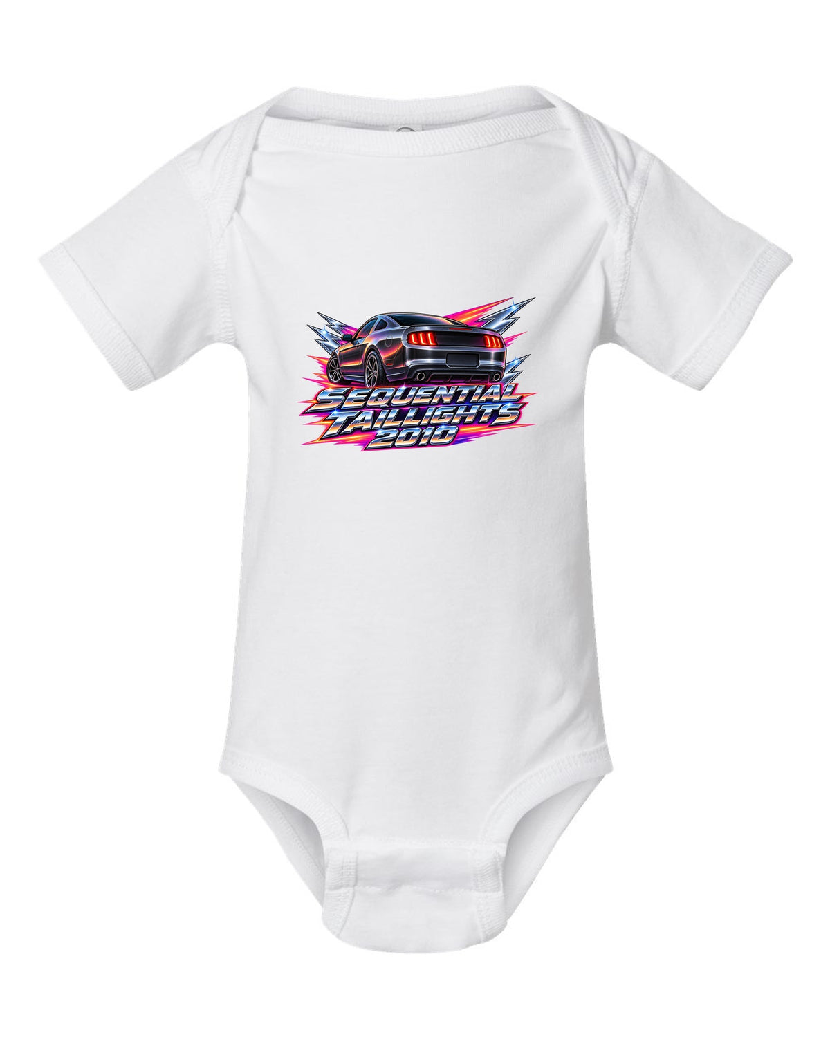 80s airbrush chrome 2005-2014 S197 Ford Mustang fastback with sequential taillights text white baby onesie front view with the design