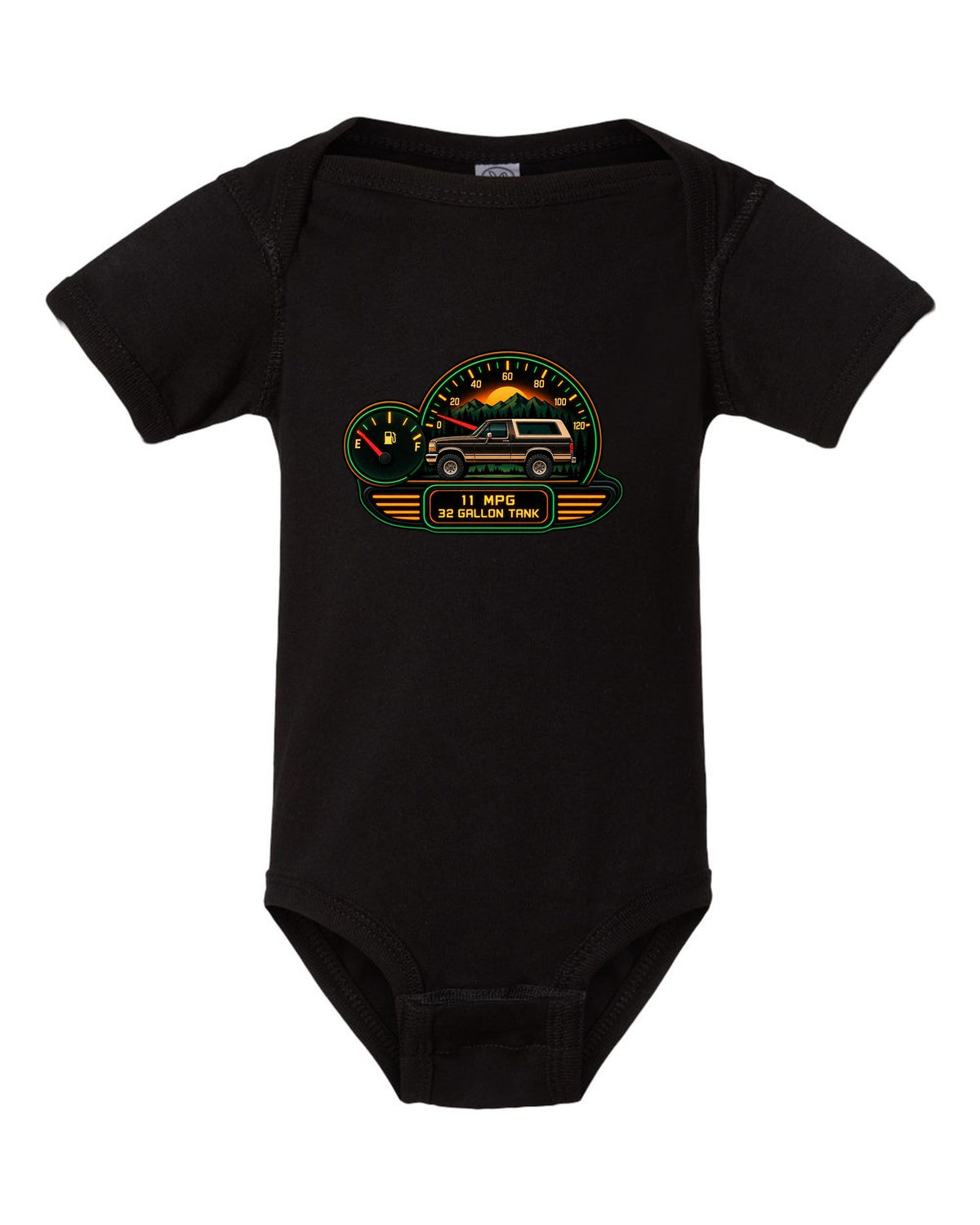 Gauge-cluster HUD style art of a 1987-91 Ford Bronco Brick-Nose dash with 11 MPG 32 GALLON TANK readouts black baby onesie front view with the design