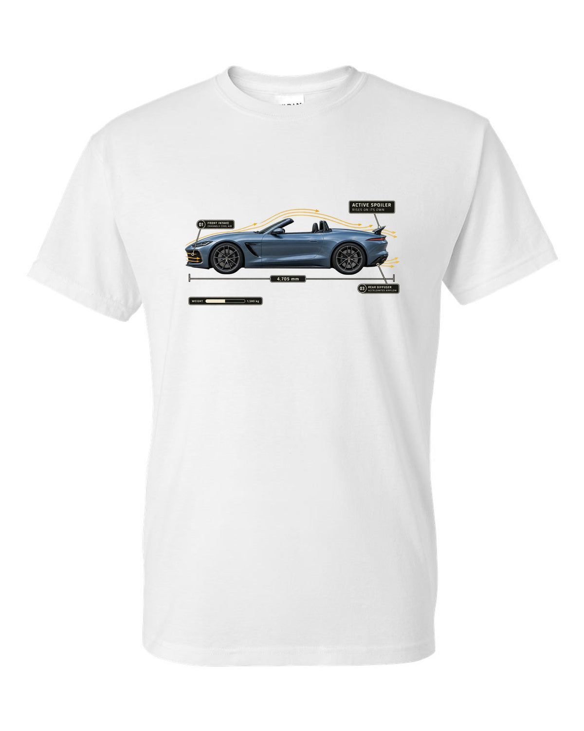 SL63 R232 Active Spoiler Aero Callout white t-shirt front view with the design