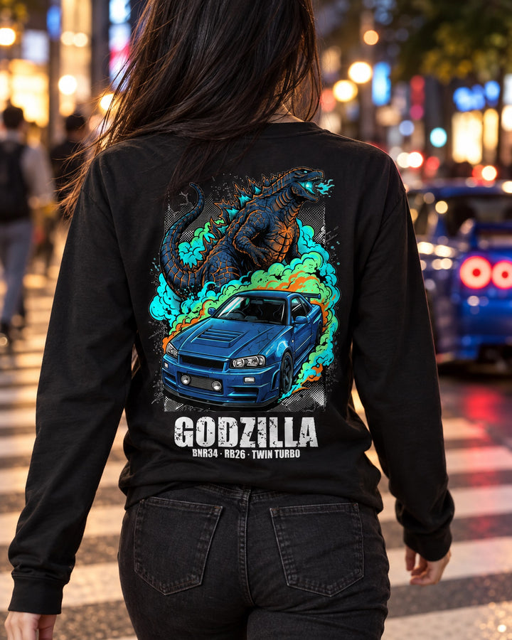 Nissan GT-R R34 Godzilla Long Sleeve T-Shirt worn hero