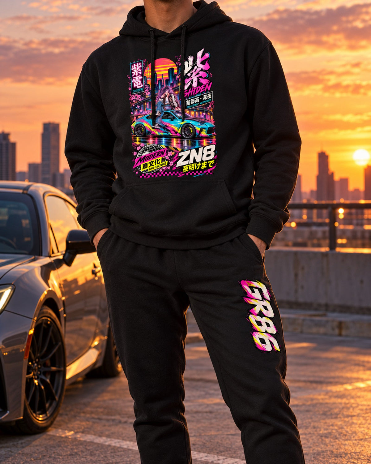 GR86 Shiden Anime Girl Poster Hoodie + Jogger Set Black worn hero