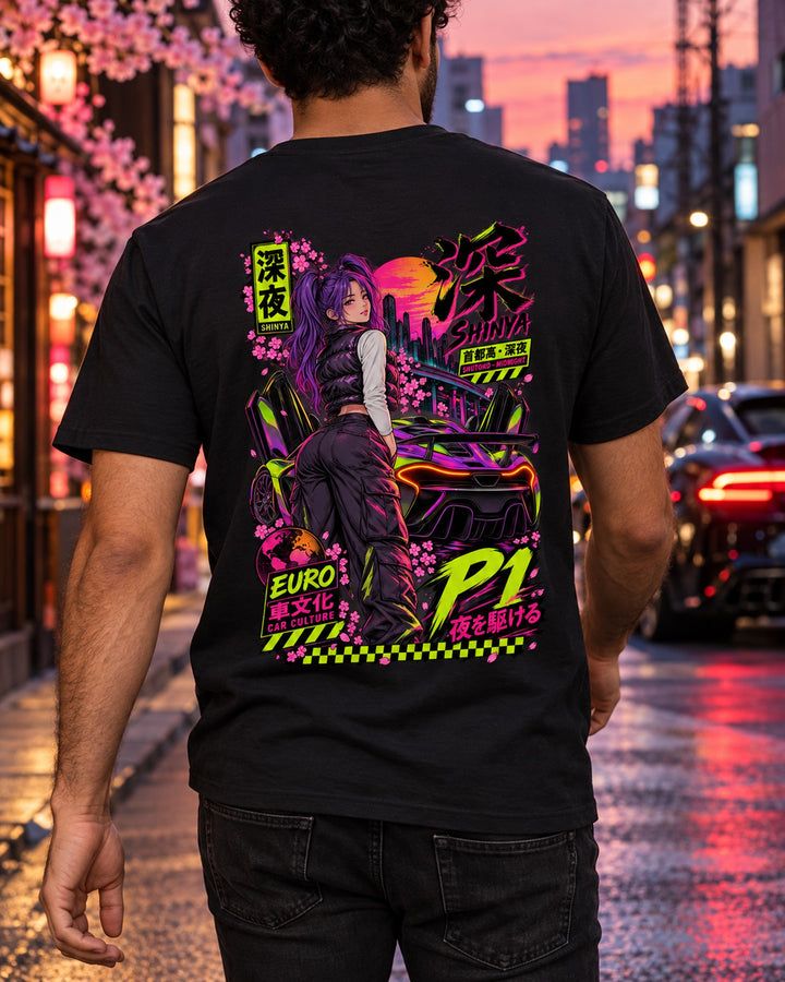 SHINYA P1 Anime Girl Full-Back Graphic Tee T-Shirt Black worn hero